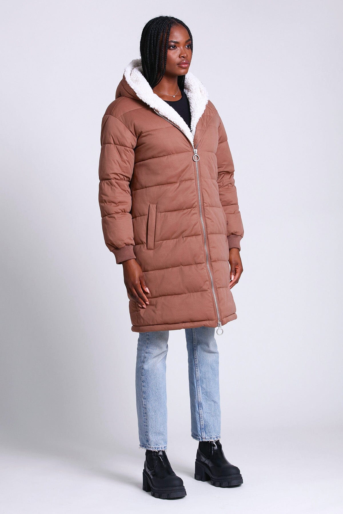 Faux Fur-Lined Puffer Knee Length Coat Outerwear Truffle Brown - Figure Flattering Water Resistant Coats for Women