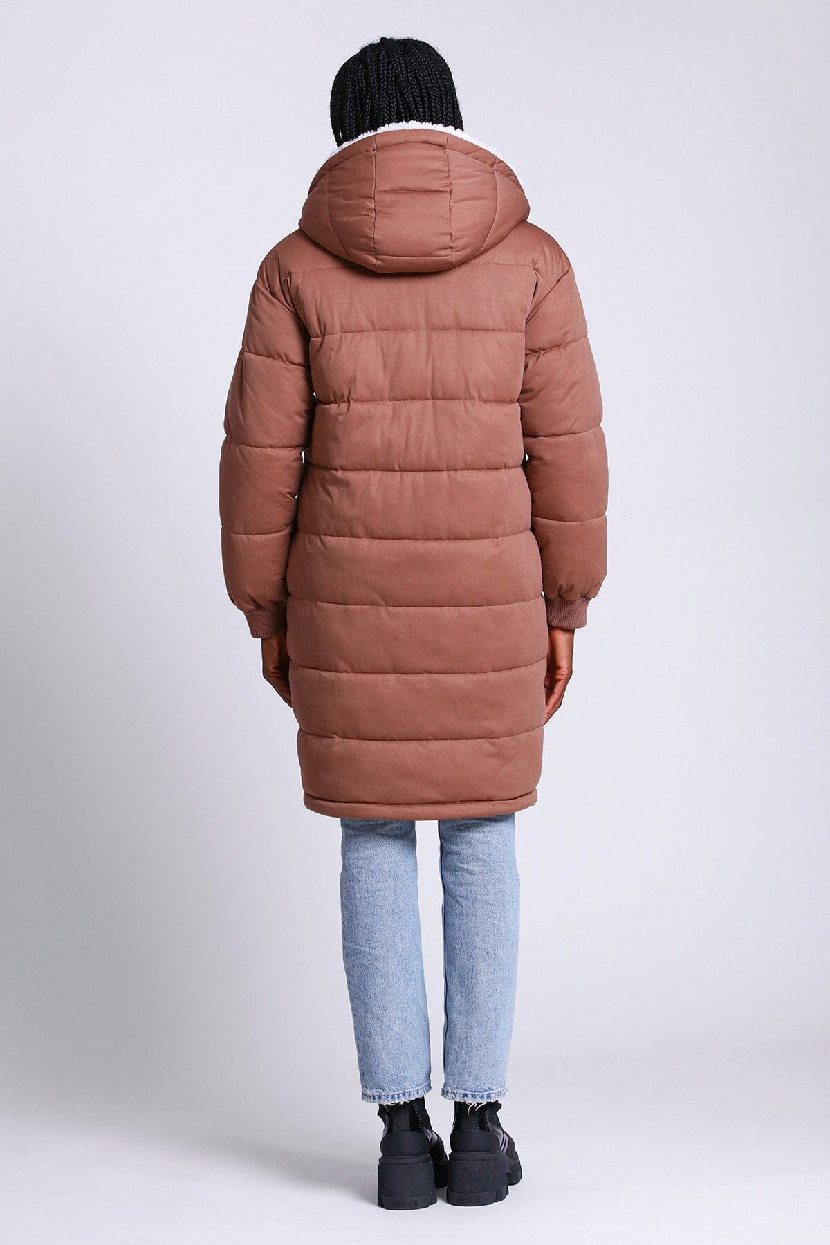 Faux Fur-Lined Puffer Knee Length Coat Outerwear Truffle Brown - Women's Flattering Designer Fashion Cute Fall Winter Coats