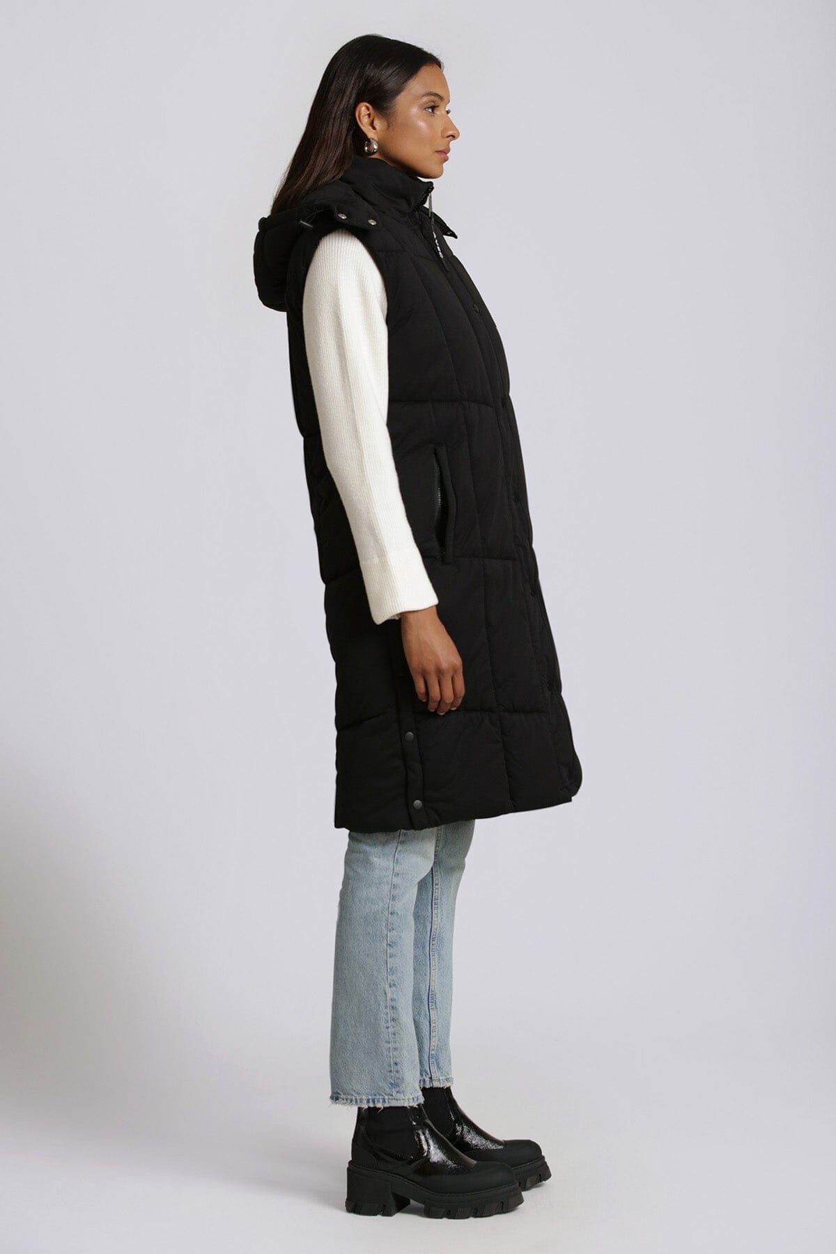 thermal puff hooded longline puffer vest black - figure flattering designer fashion cute long vests outerwear for women