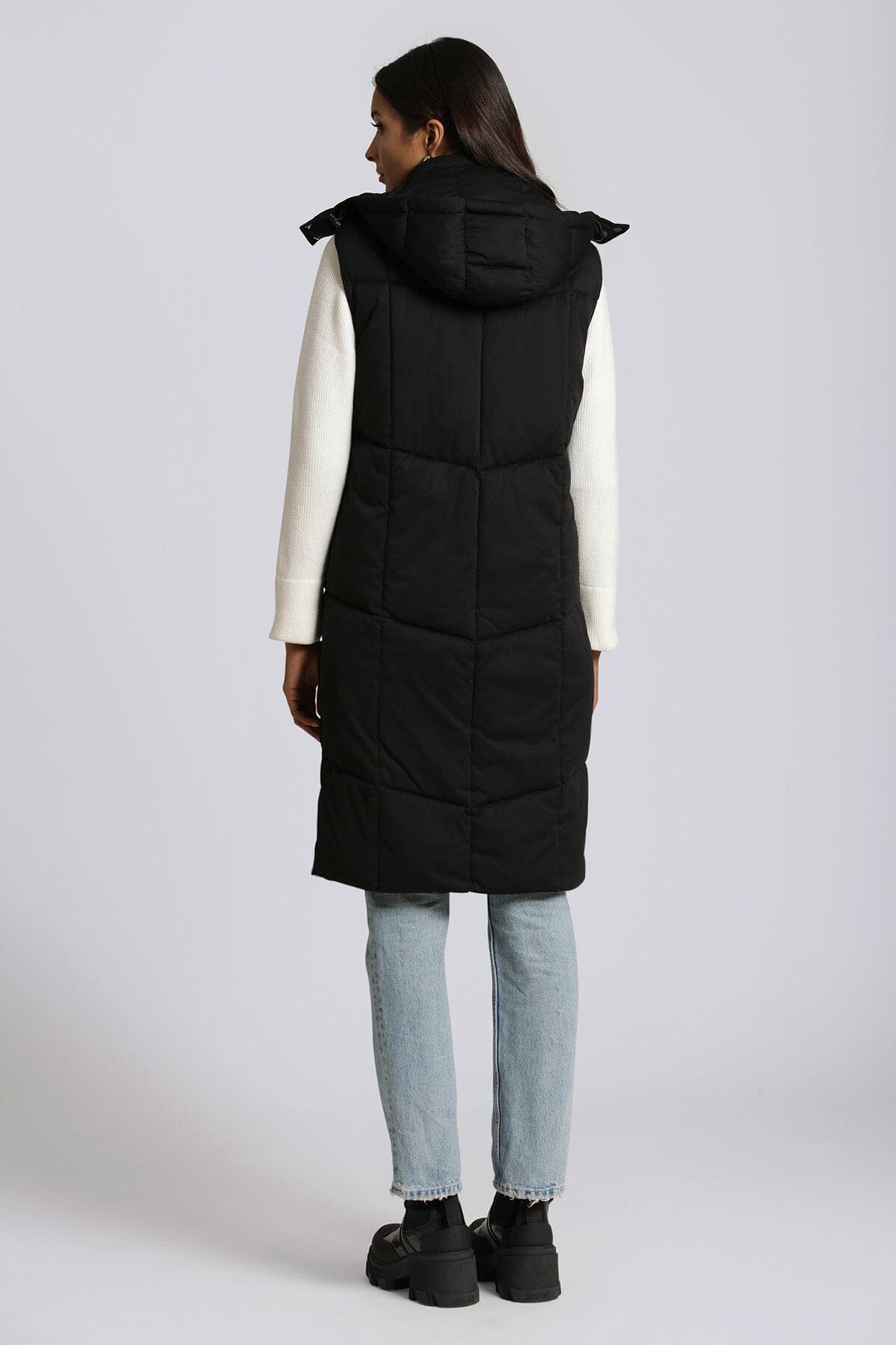 thermal puff hooded longline puffer vest black - women's figure flattering designer fashion winter fall long vests