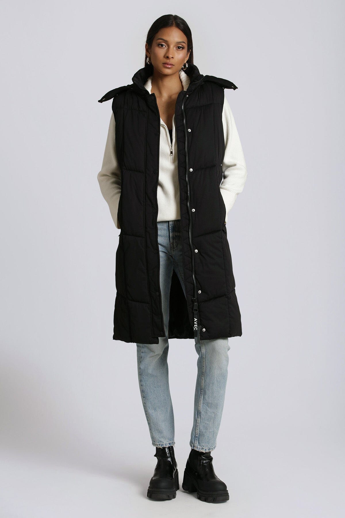 thermal puff hooded longline puffer vest black - figure flattering designer fashion cute long vests for women