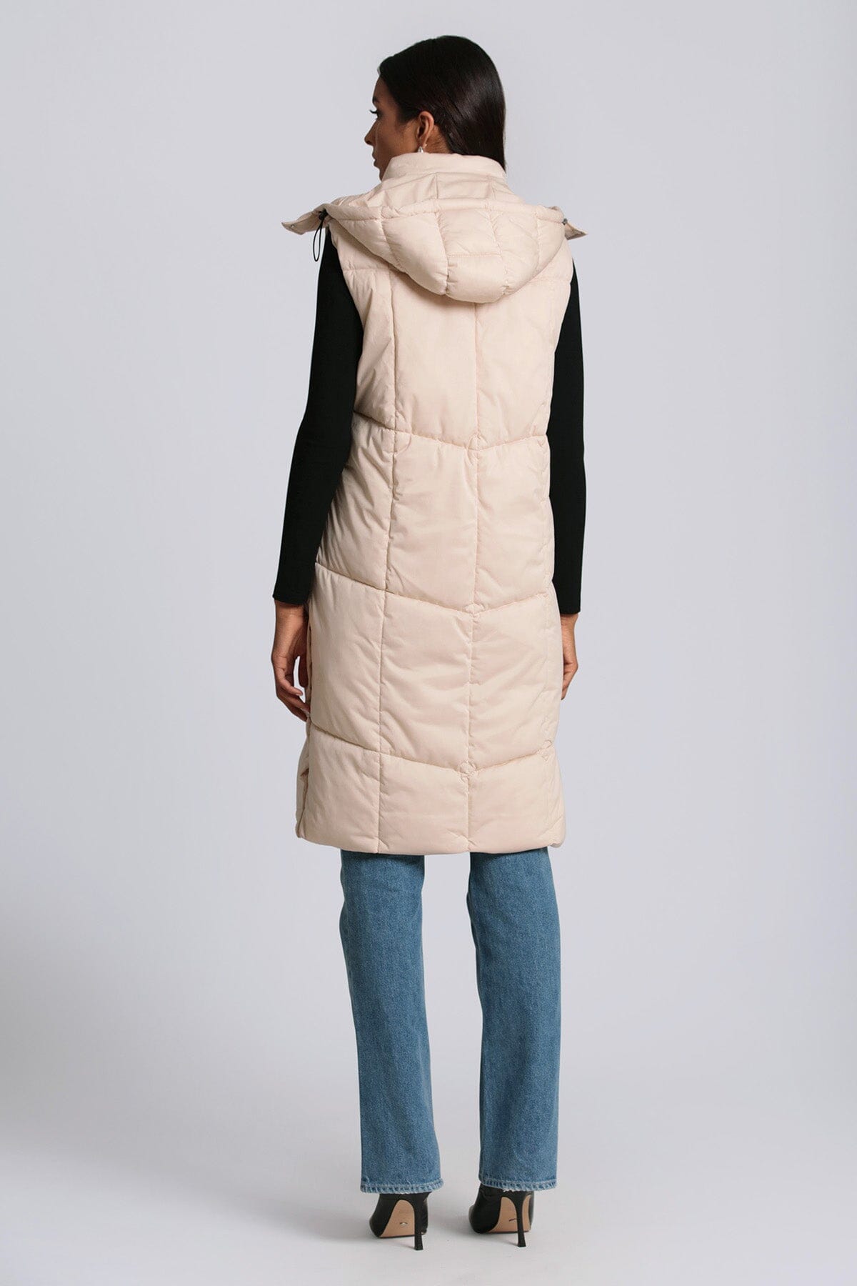 thermal puff hooded longline puffer vest buff beige - women's figure flattering designer fashion cute long vests outerwear
