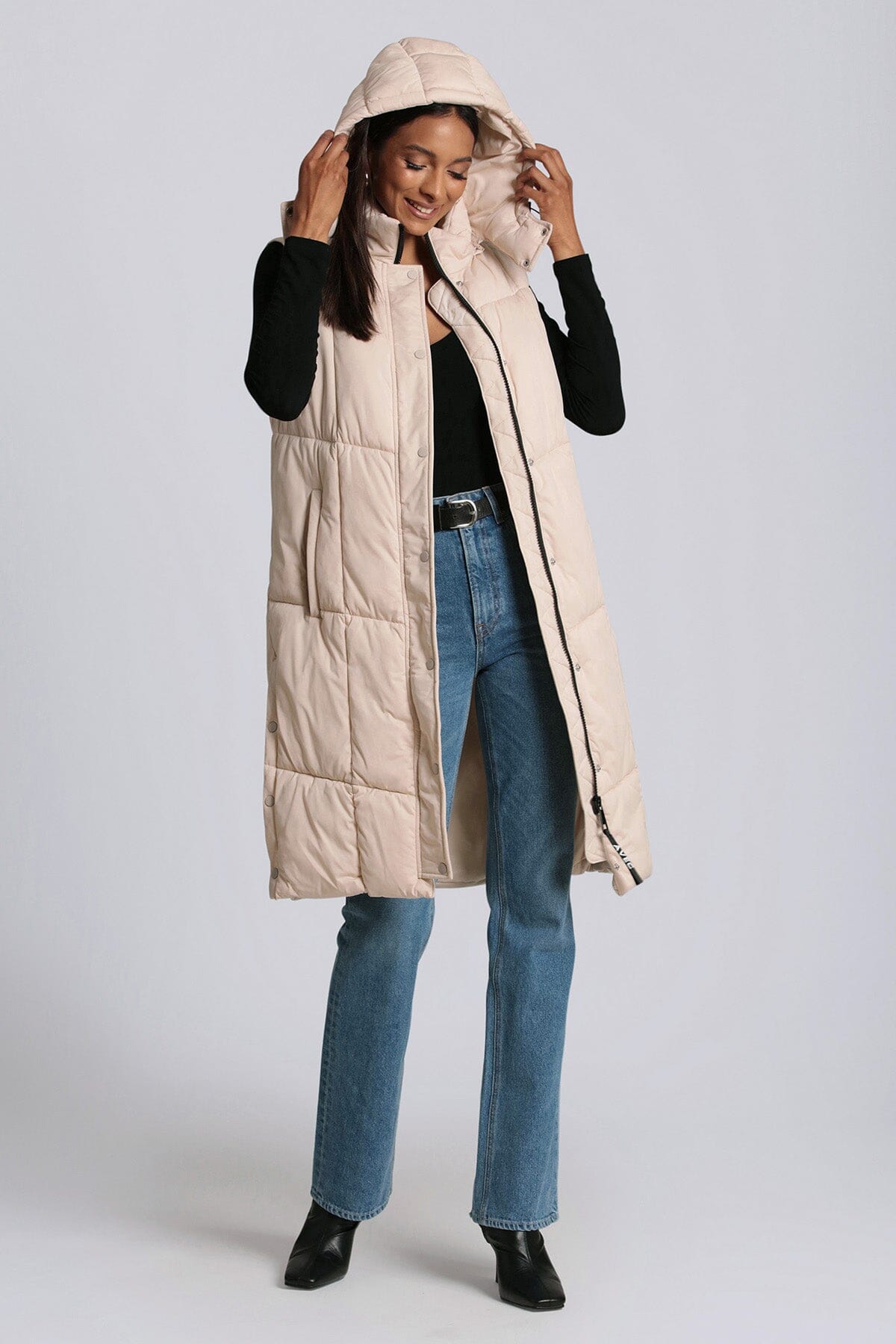 thermal puff hooded longline puffer vest buff beige - figure flattering designer fashion long fall winter vests outerwear for women
