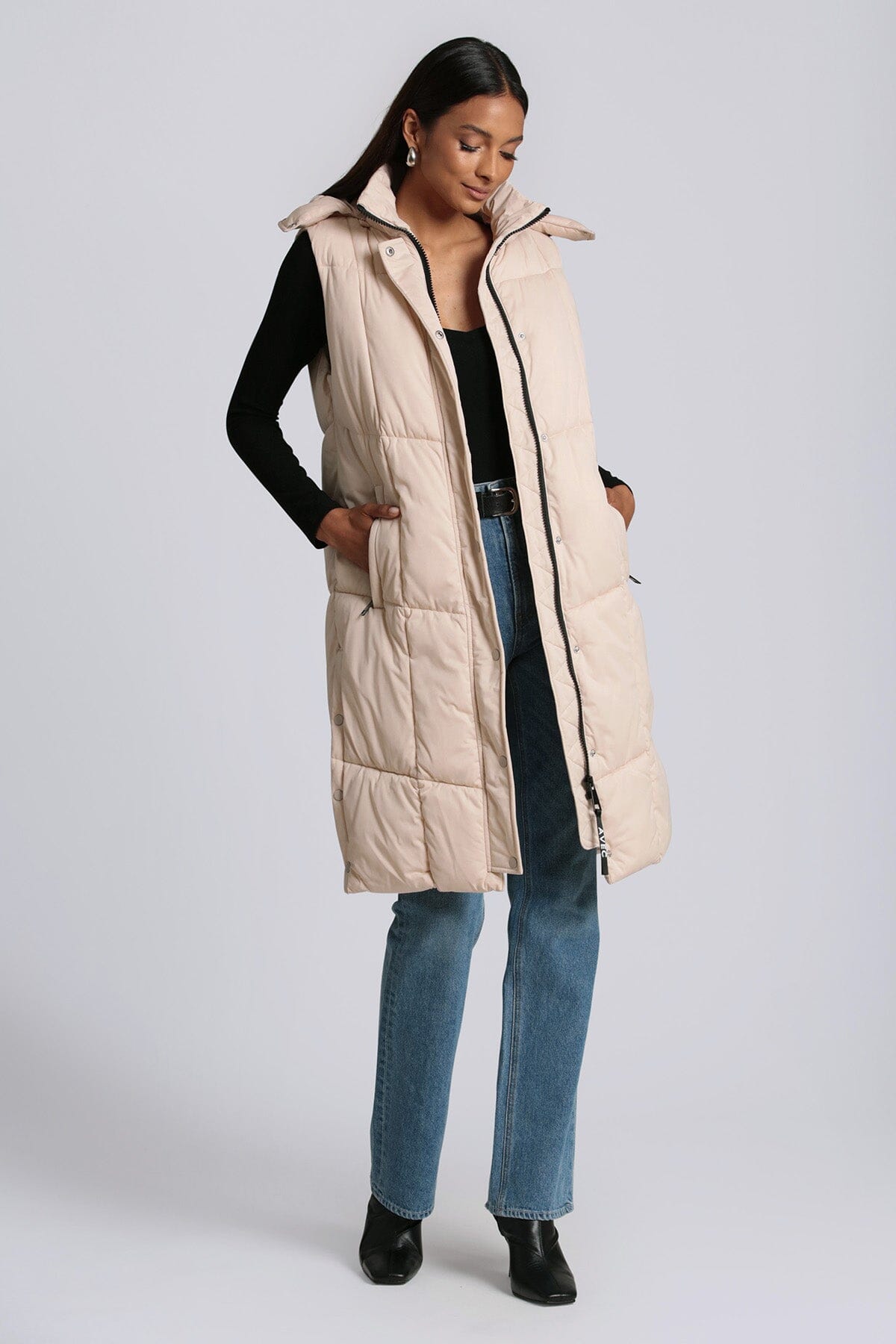 thermal puff hooded longline puffer vest buff beige - figure flattering designer fashion fall winter long vests for women