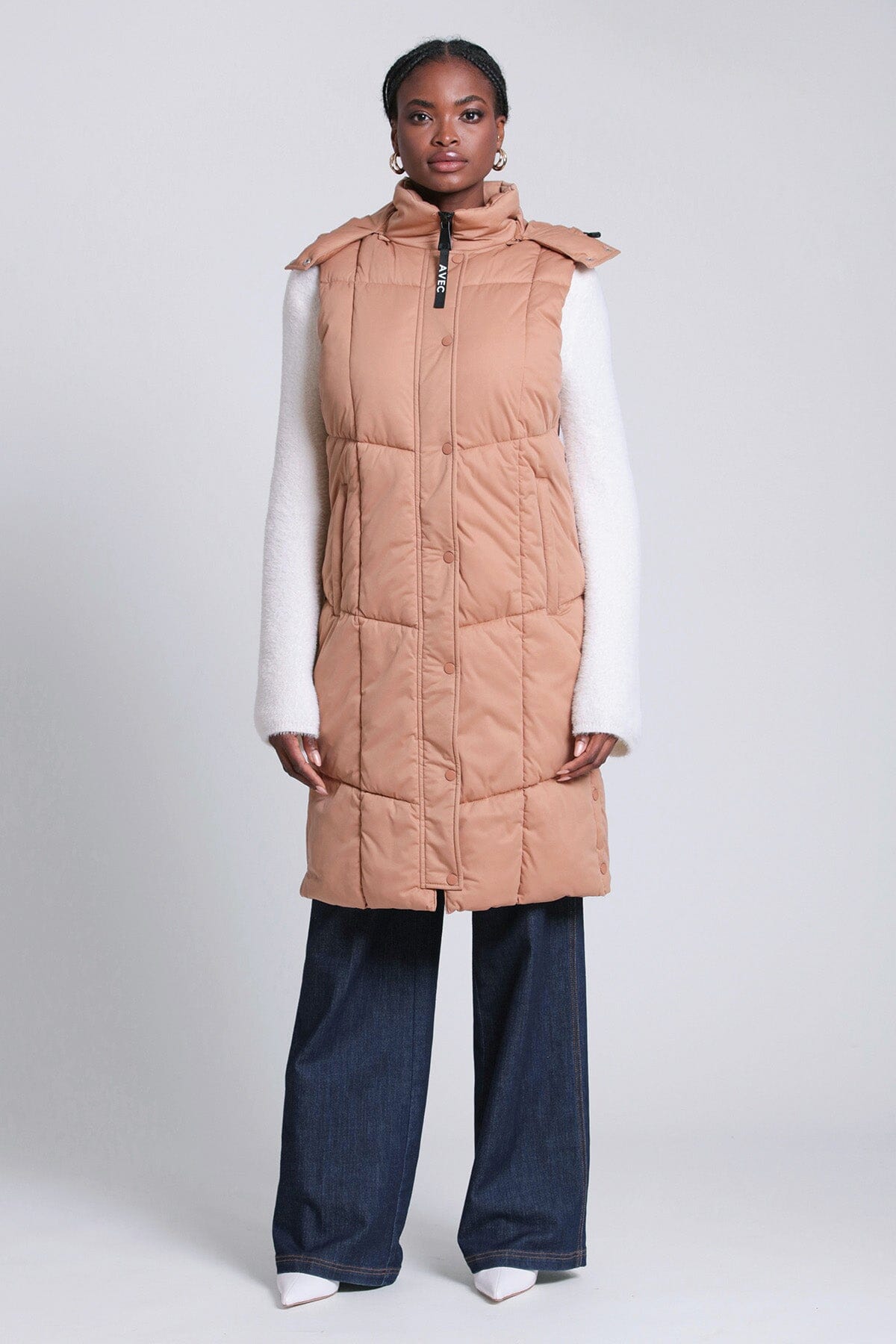 thermal puff hooded longline puffer vest camel tan - women's figure flattering designer fashion warm fall winter vests outerwear for women
