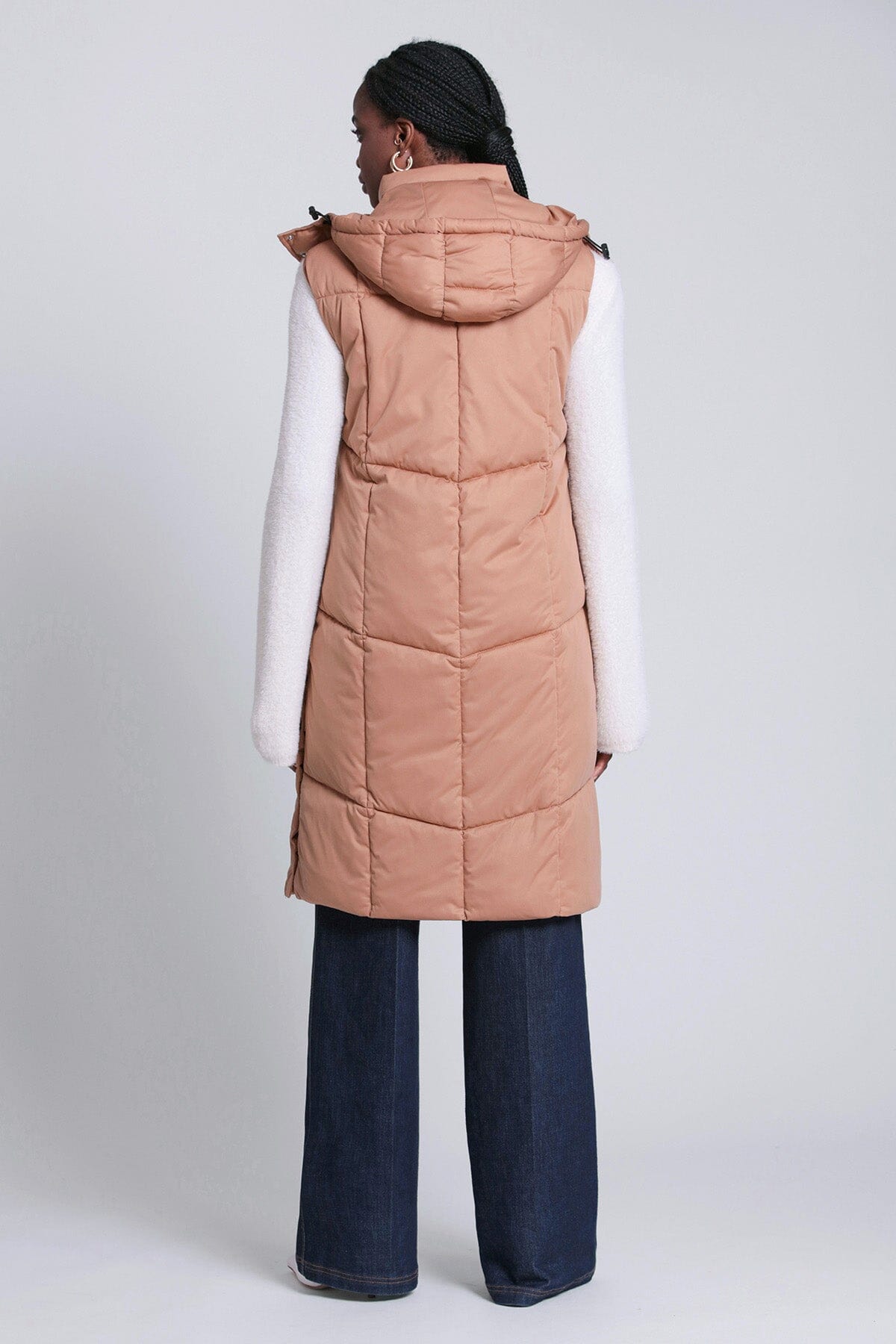 thermal puff hooded longline puffer vest camel tan - women's figure flattering designer fashion vests outerwear