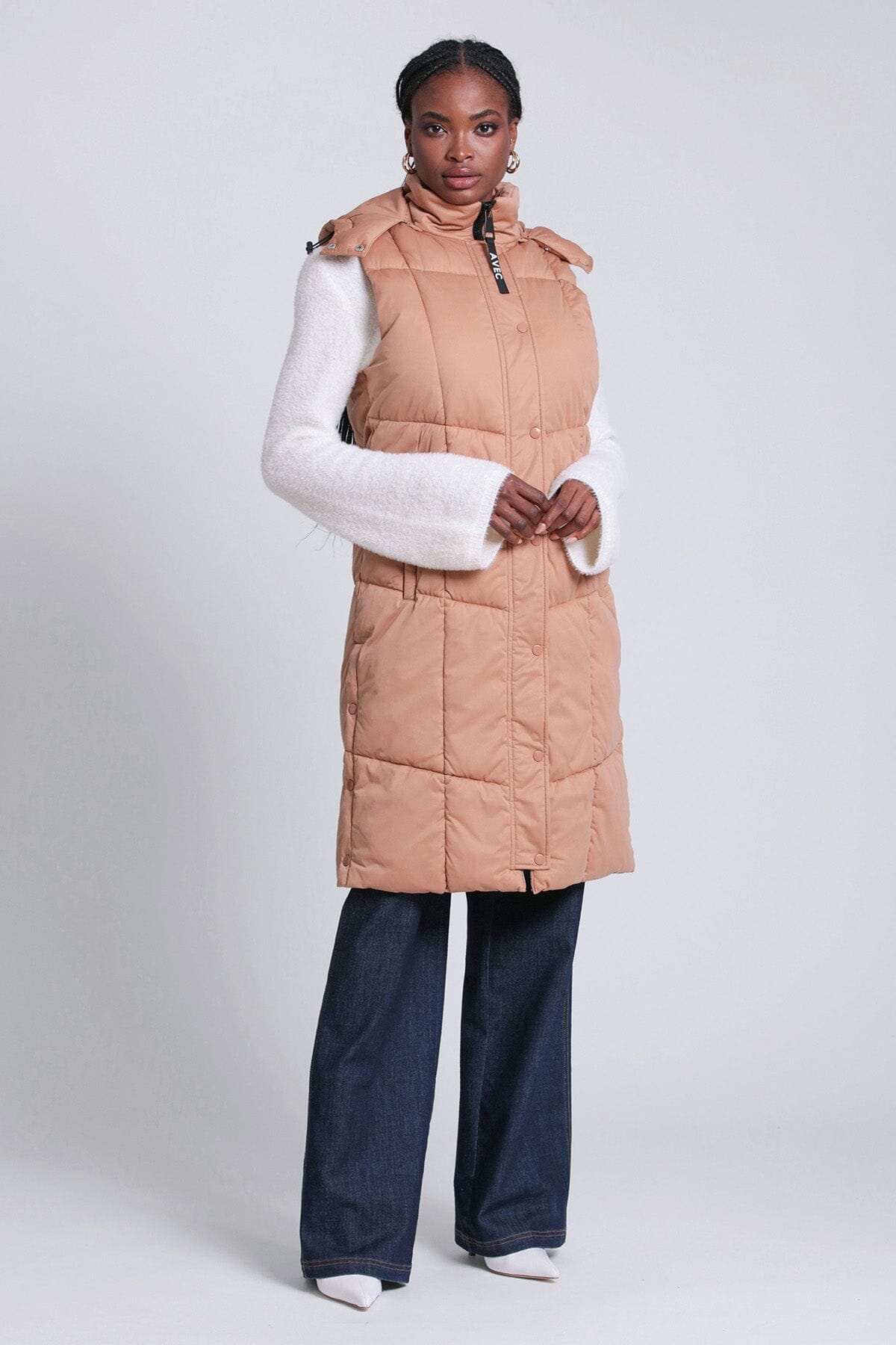 thermal puff hooded longline puffer vest camel tan - women's designer fashion figure flattering warm water resistant coats 