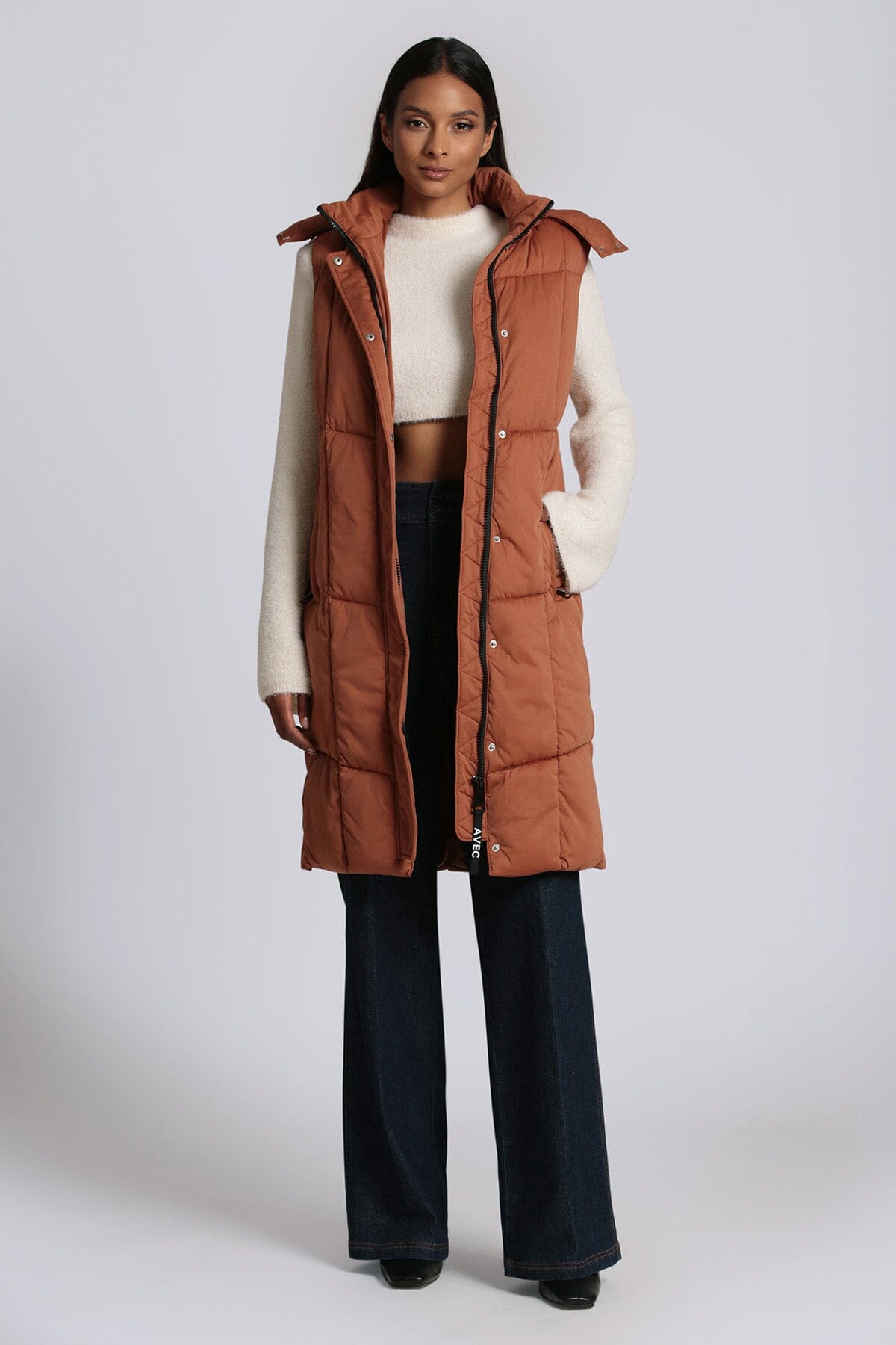 thermal puff hooded longline puffer vest cedar brown - women's designer fashion figure flattering outerwear