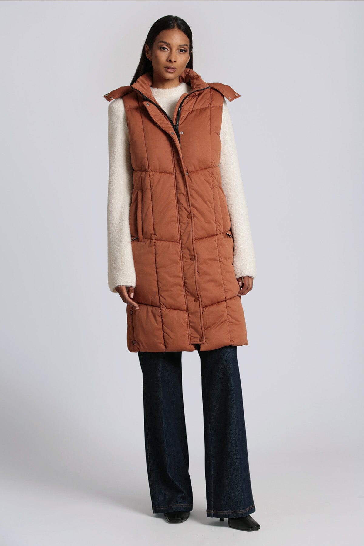 thermal puff hooded longline puffer vest cedar brown - figure flattering designer fashion long fall winter vests for women
