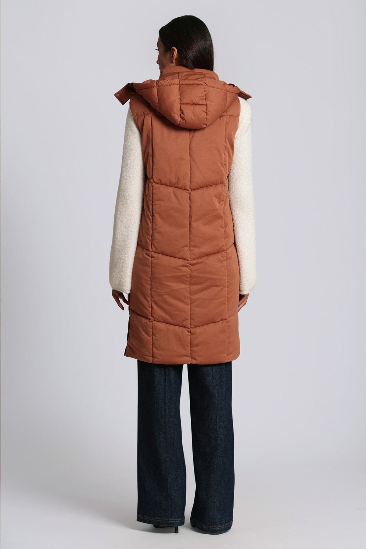 thermal puff hooded longline puffer vest cedar brown - figure flattering designer fashion day to night vests for women