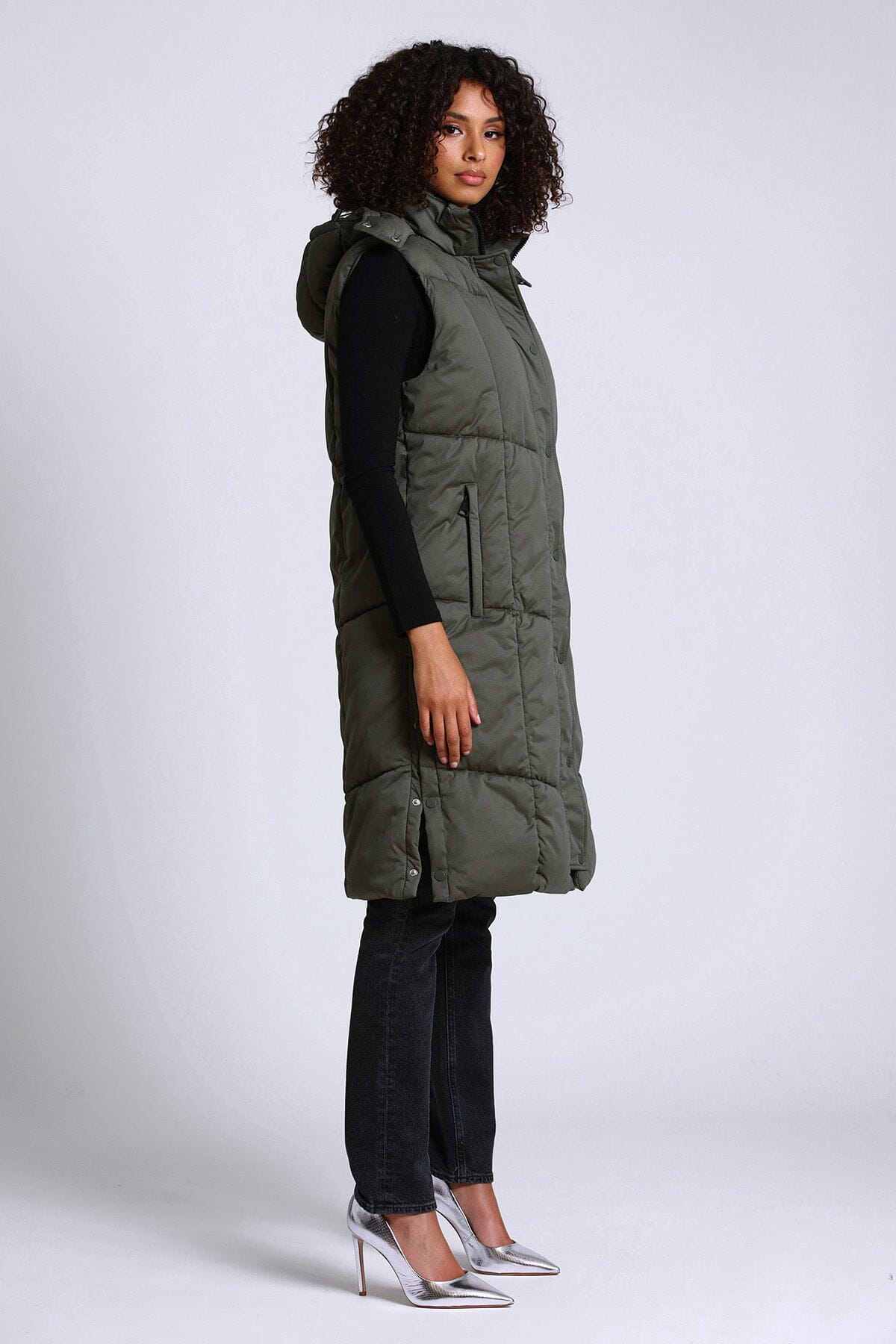 thermal puff hooded longline puffer vest utility green - figure flattering designer fashion cute long vests for women