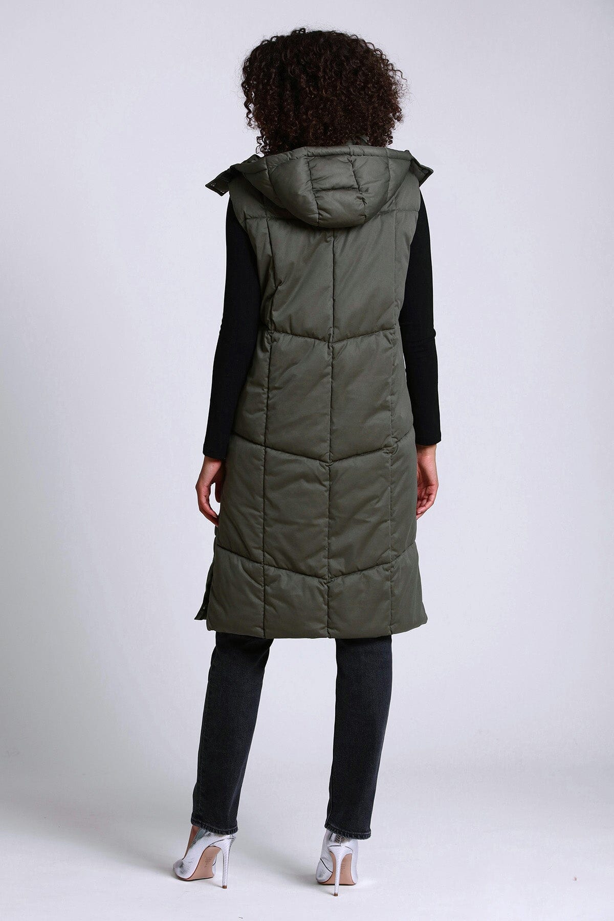 thermal puff hooded longline puffer vest utility green - women's figure flattering day to night long vests 
