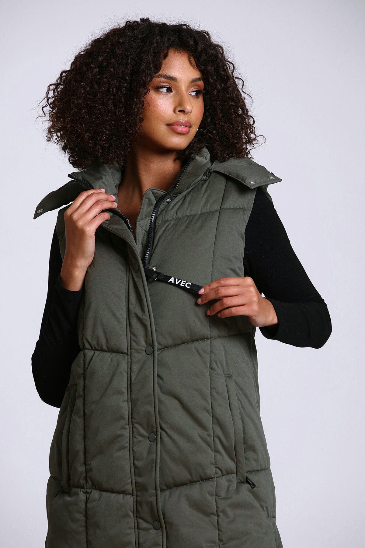 thermal puff hooded longline puffer vest utility green - women's figure flattering designer fashion cute warm long vests