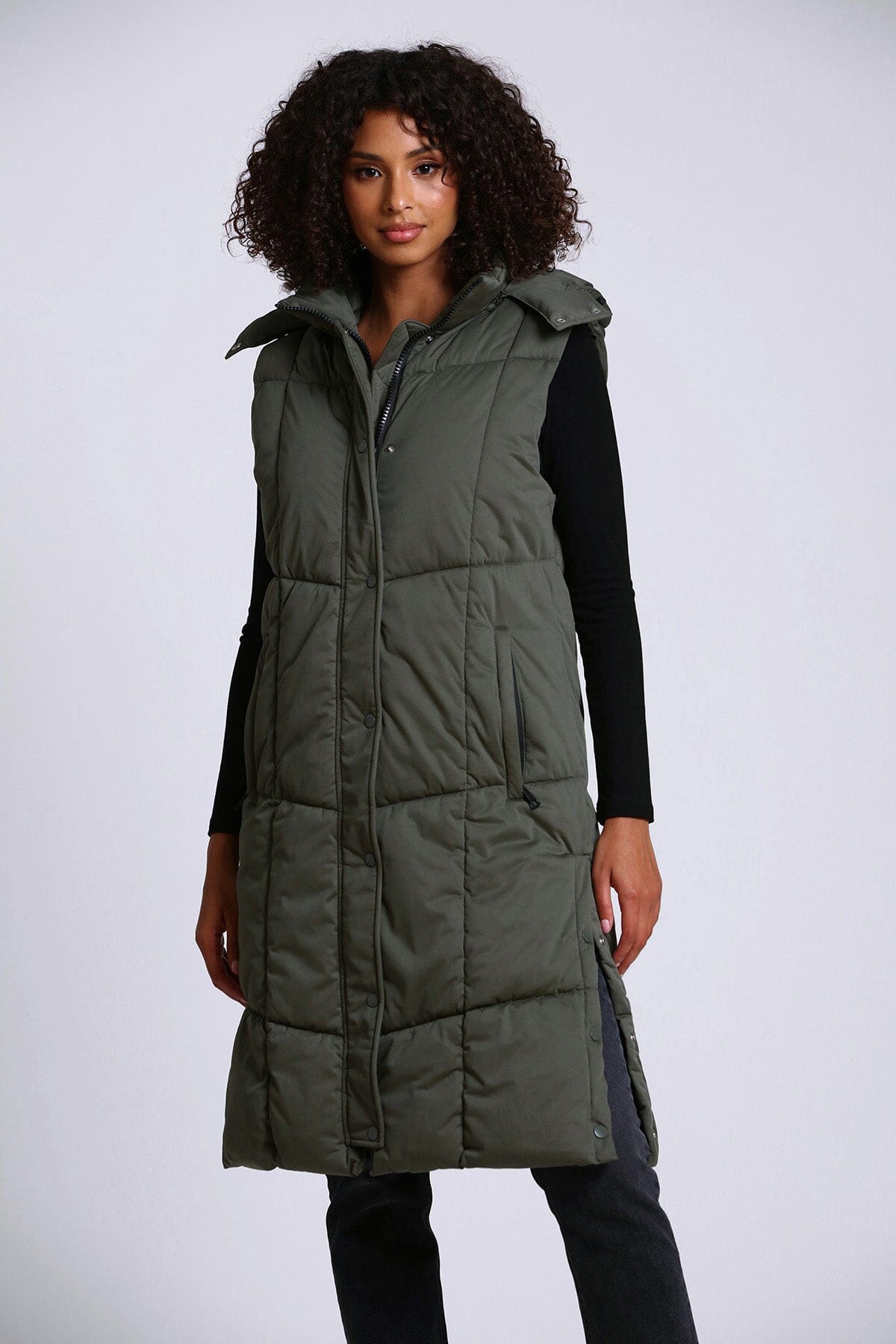 thermal puff hooded longline puffer vest utility green - figure flattering designer fashion fall winter long vests outerwear for women