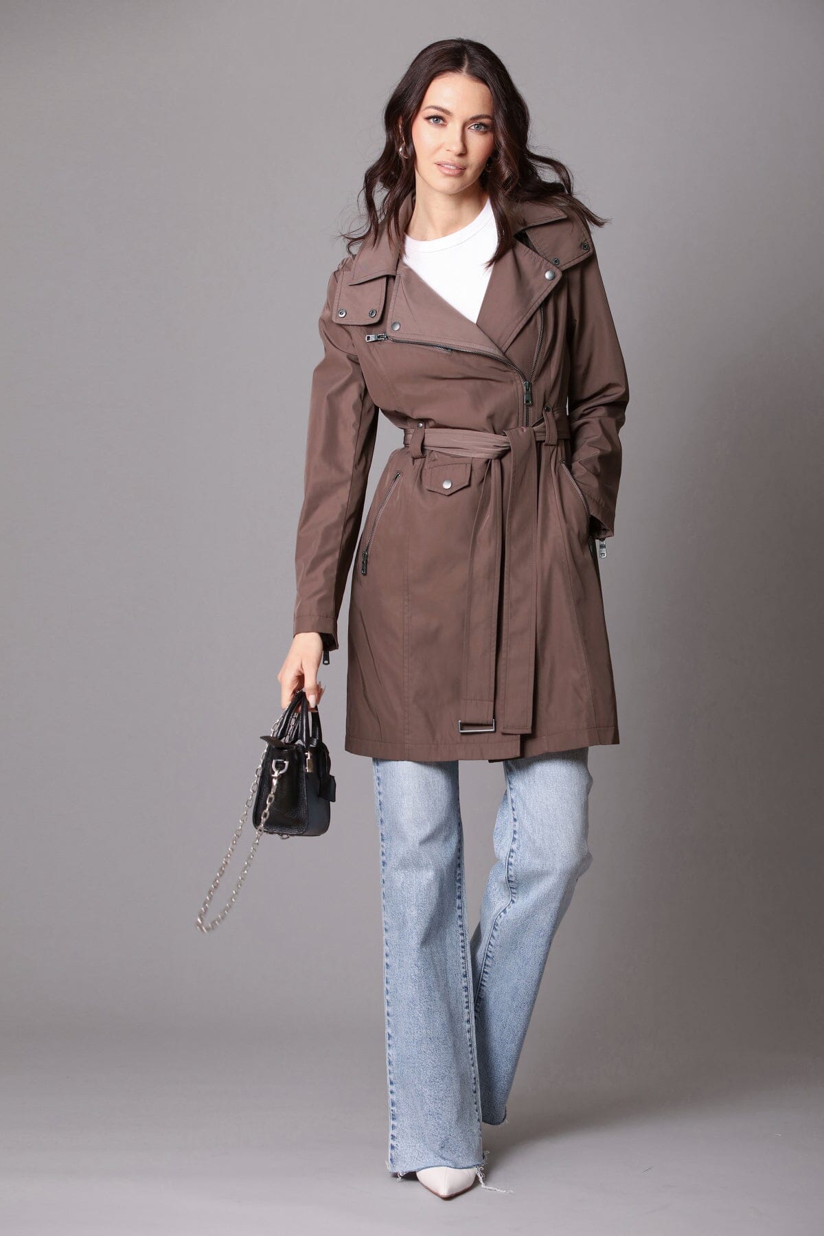 belted moto raincoat trench coat caribou brown - figure flattering designer fashion fall winter raincoats coats for women