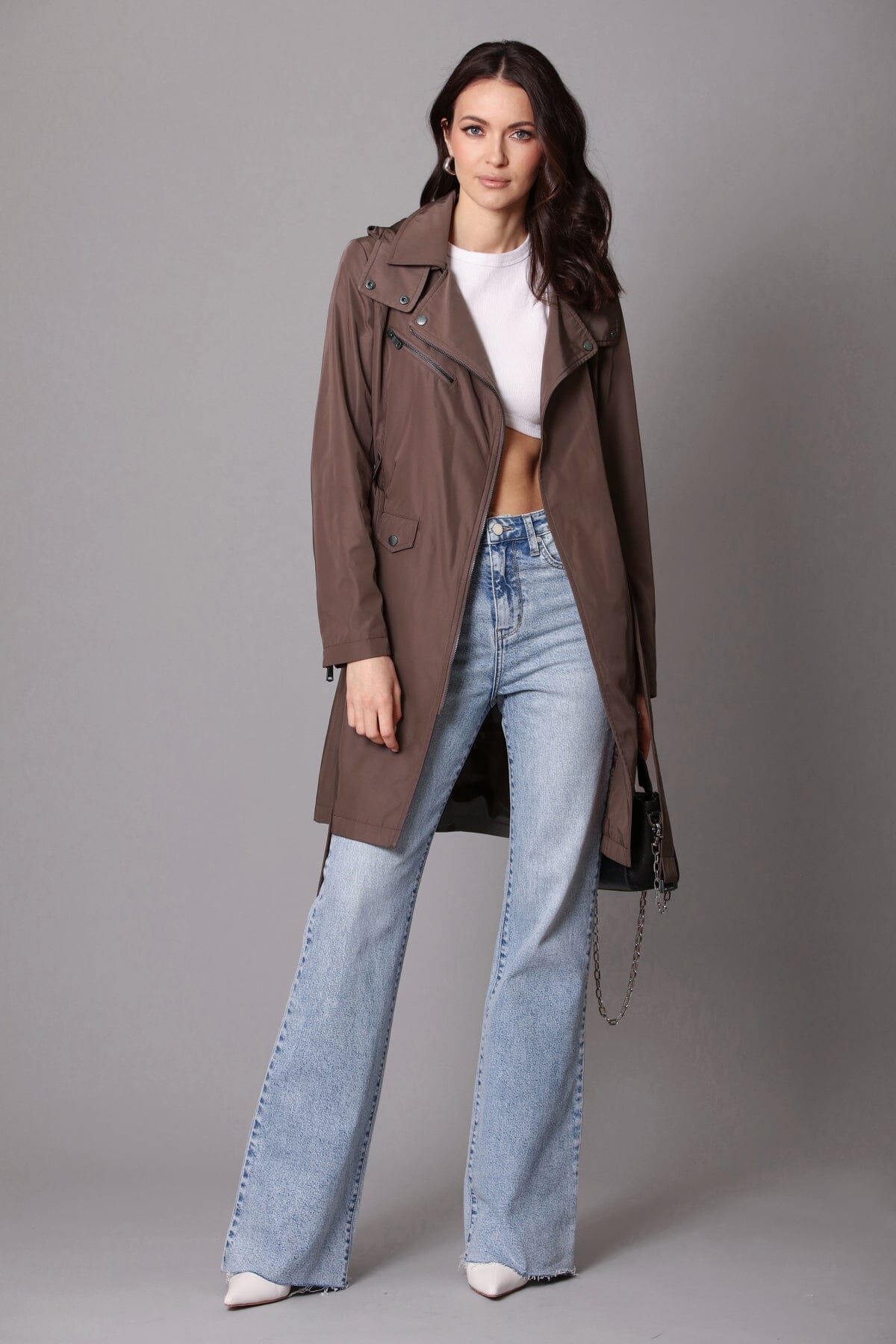 belted moto raincoat trench coat caribou brown - women's figure flattering designer fashion day to night raincoats coats 