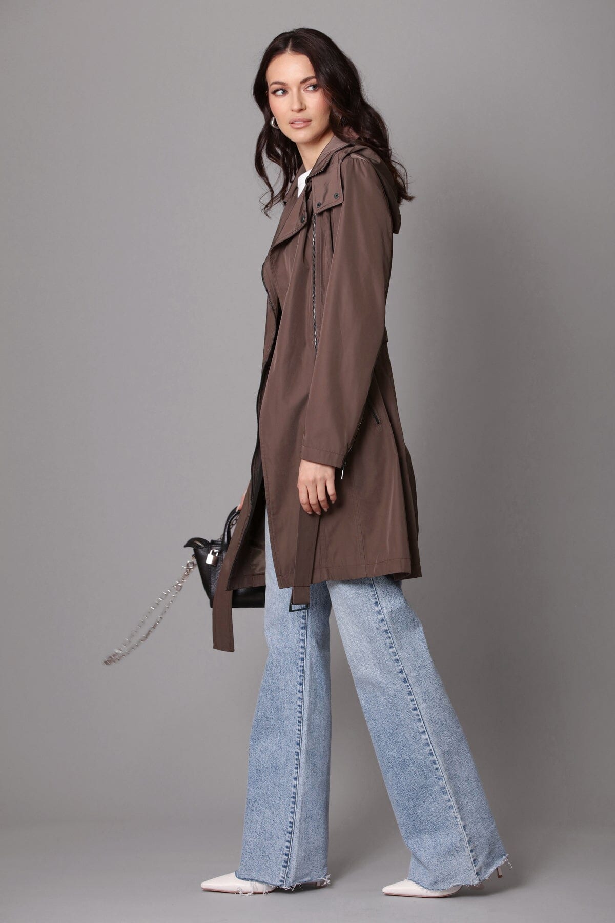 belted moto raincoat trench coat caribou brown - women's figure flattering designer fashion casual raincoats coats
