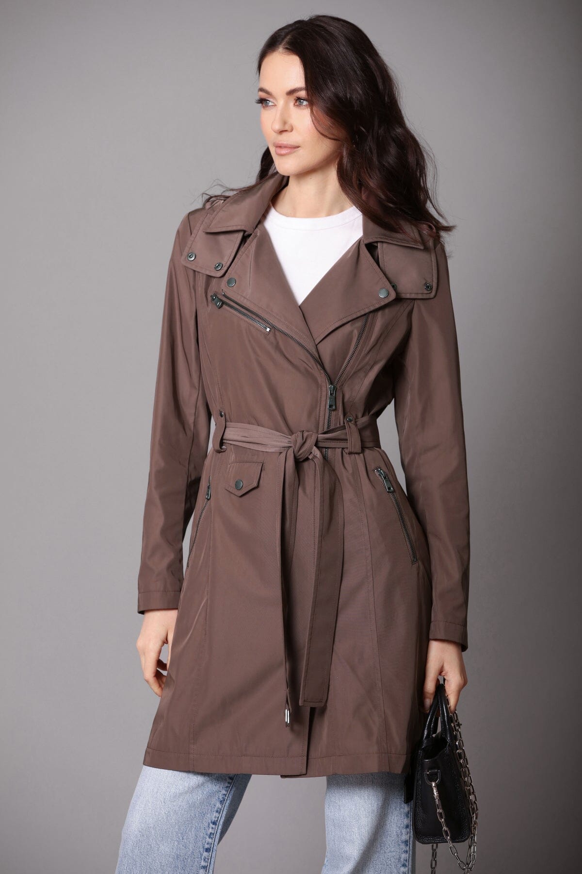 brown belted moto raincoat trench coat figure flattering designer fashion cute water resistant raincoats for women