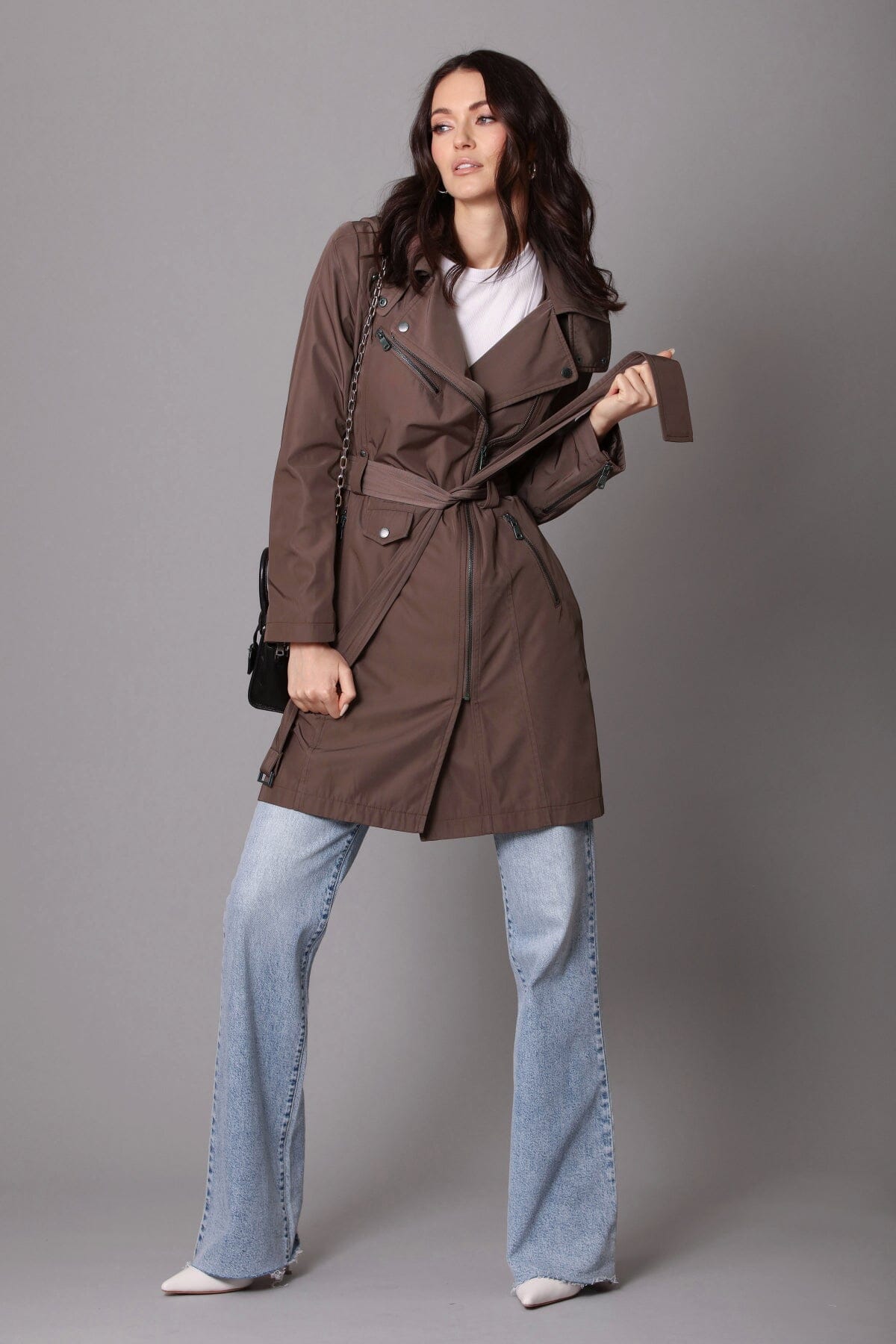 Belted Moto Raincoat Trench Coat Caribou Brown - Women's Figure Flattering Designer Fashion Fall Winter Raincoats Coats