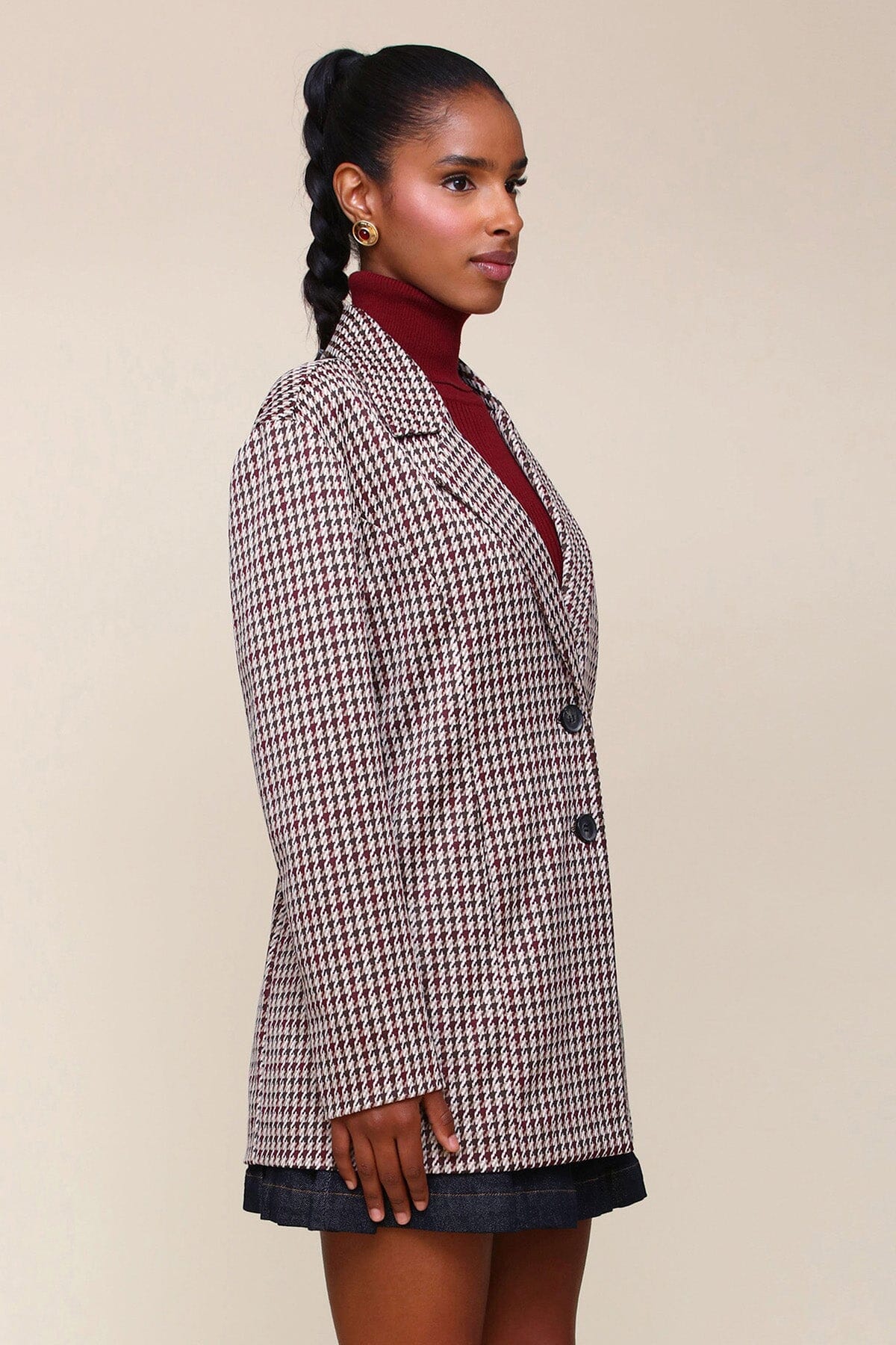 Houndstooth Beige Plaid Coat Women's Relaxed Houndstooth