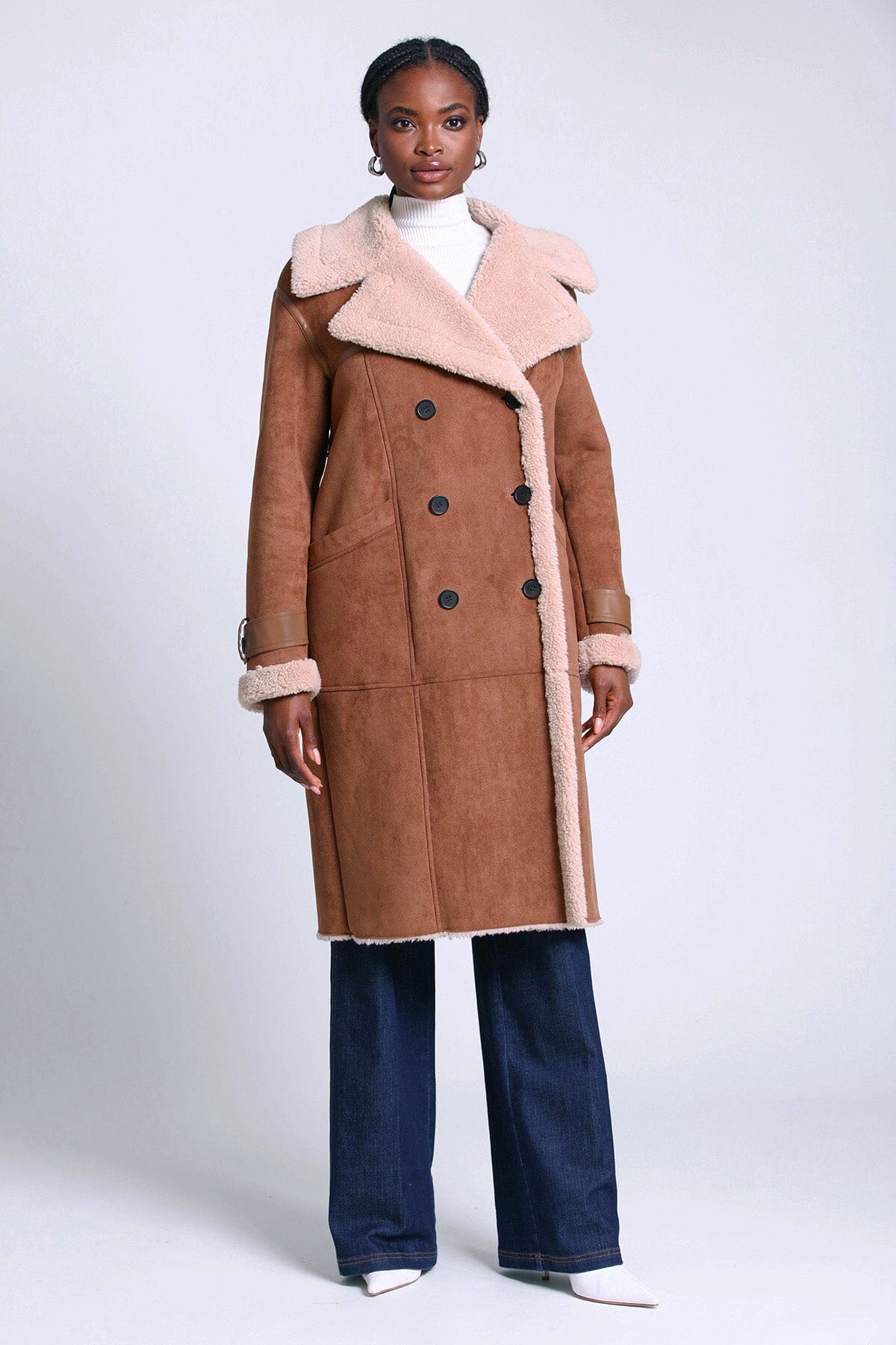 double breasted faux shearling coat outerwear fawn brown - women's designer fashion long fall coats