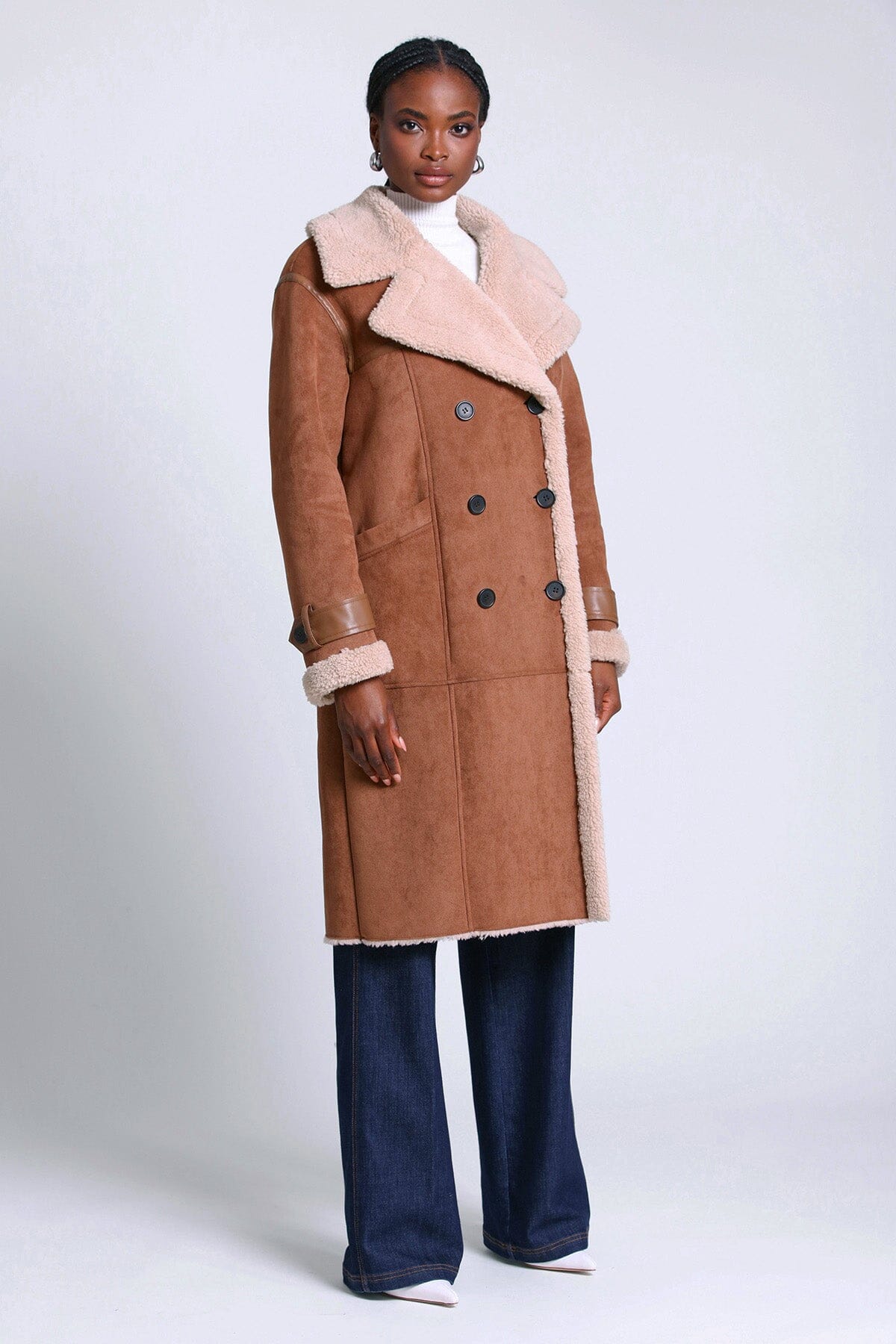 double breasted faux shearling coat outerwear fawn brown - figure flattering designer fashion cute long coats for women