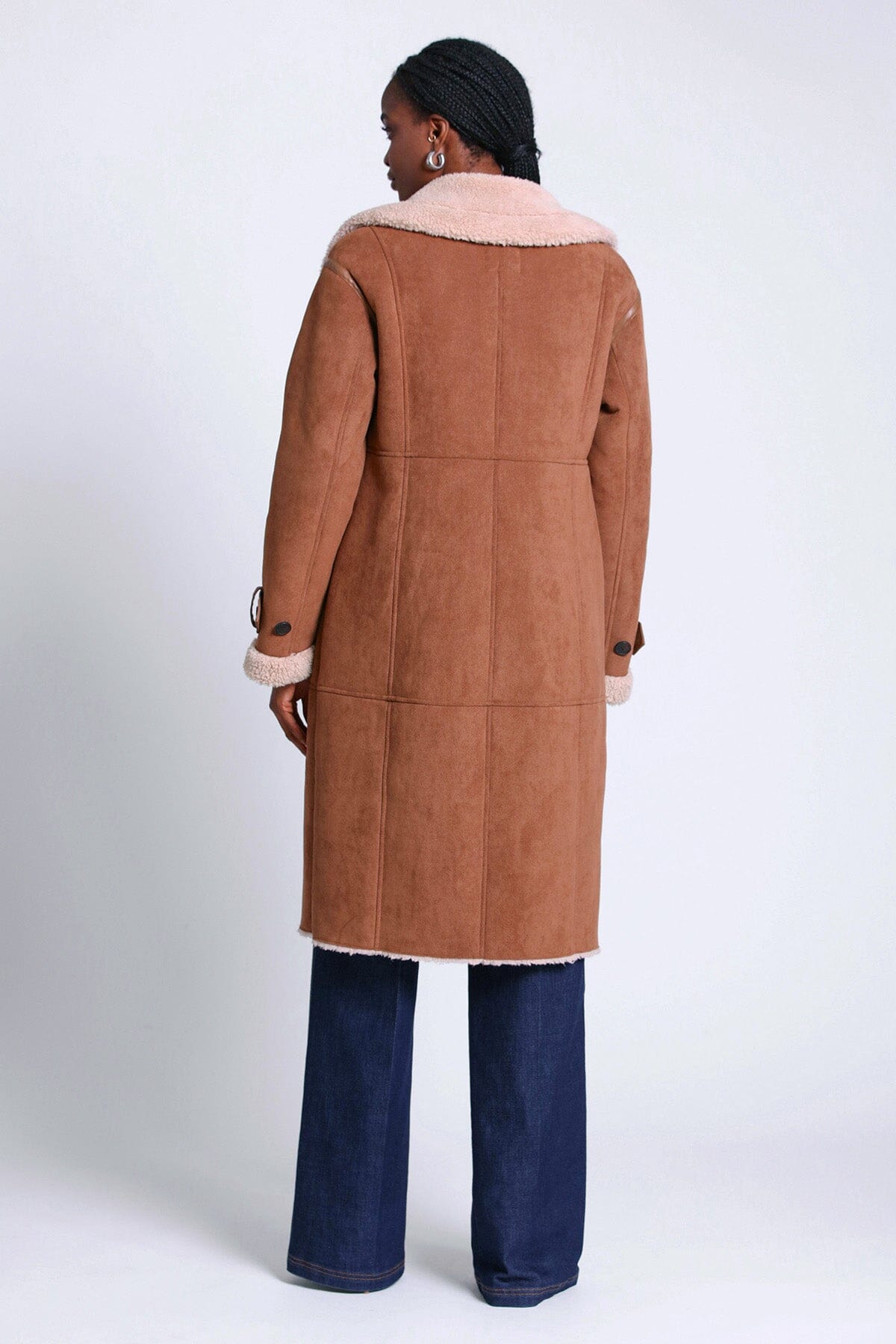 double breasted faux shearling coat outerwear fawn brown - women's figure flattering designer fashion long warm coats for women