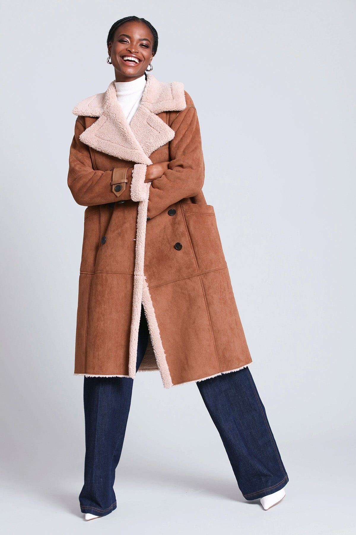 double breasted faux shearling coat outerwear fawn brown - women's figure flattering long cute fall coats