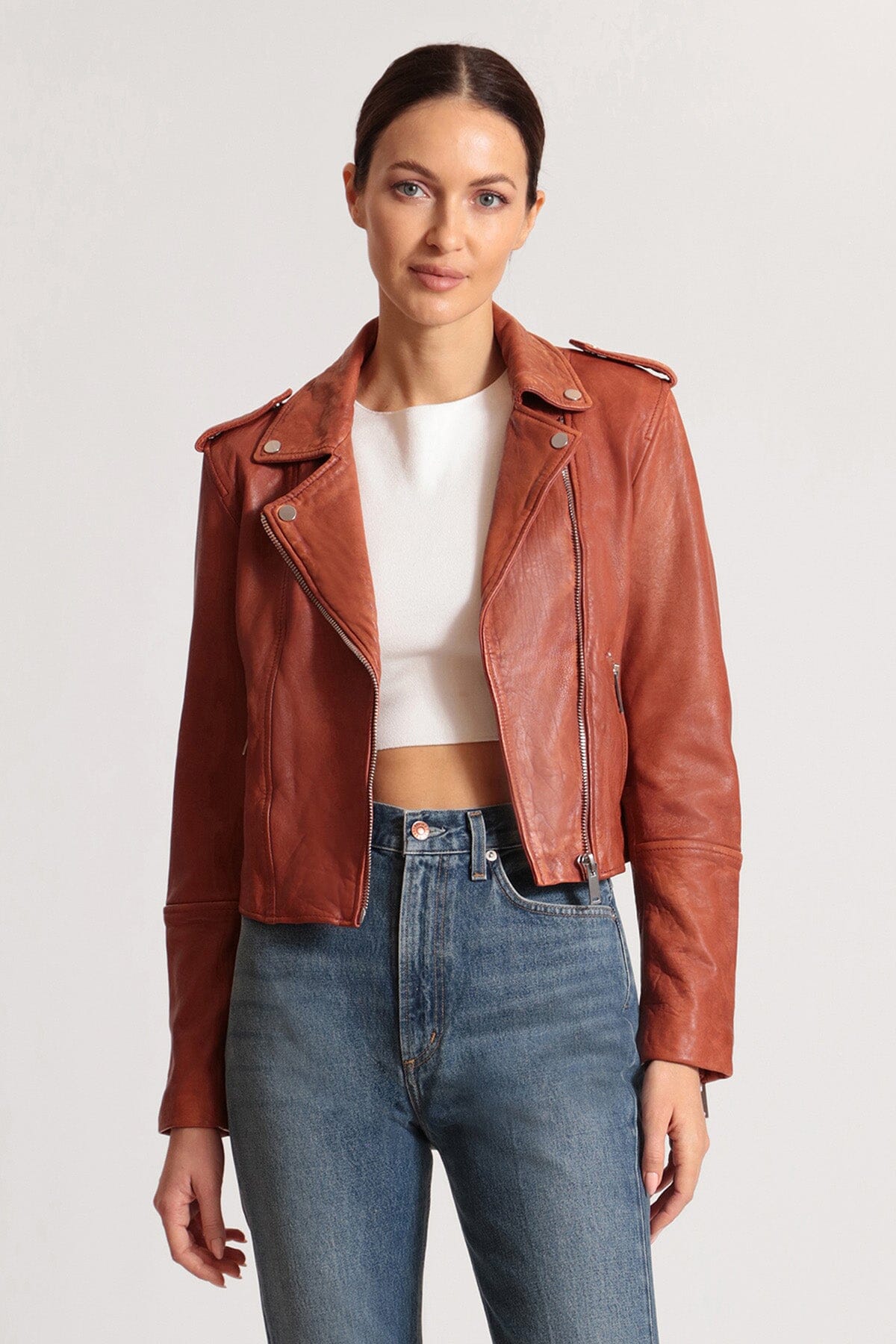 Red genuine leather cropped biker jacket coat - figure flattering day to night jackets coats outerwear for women