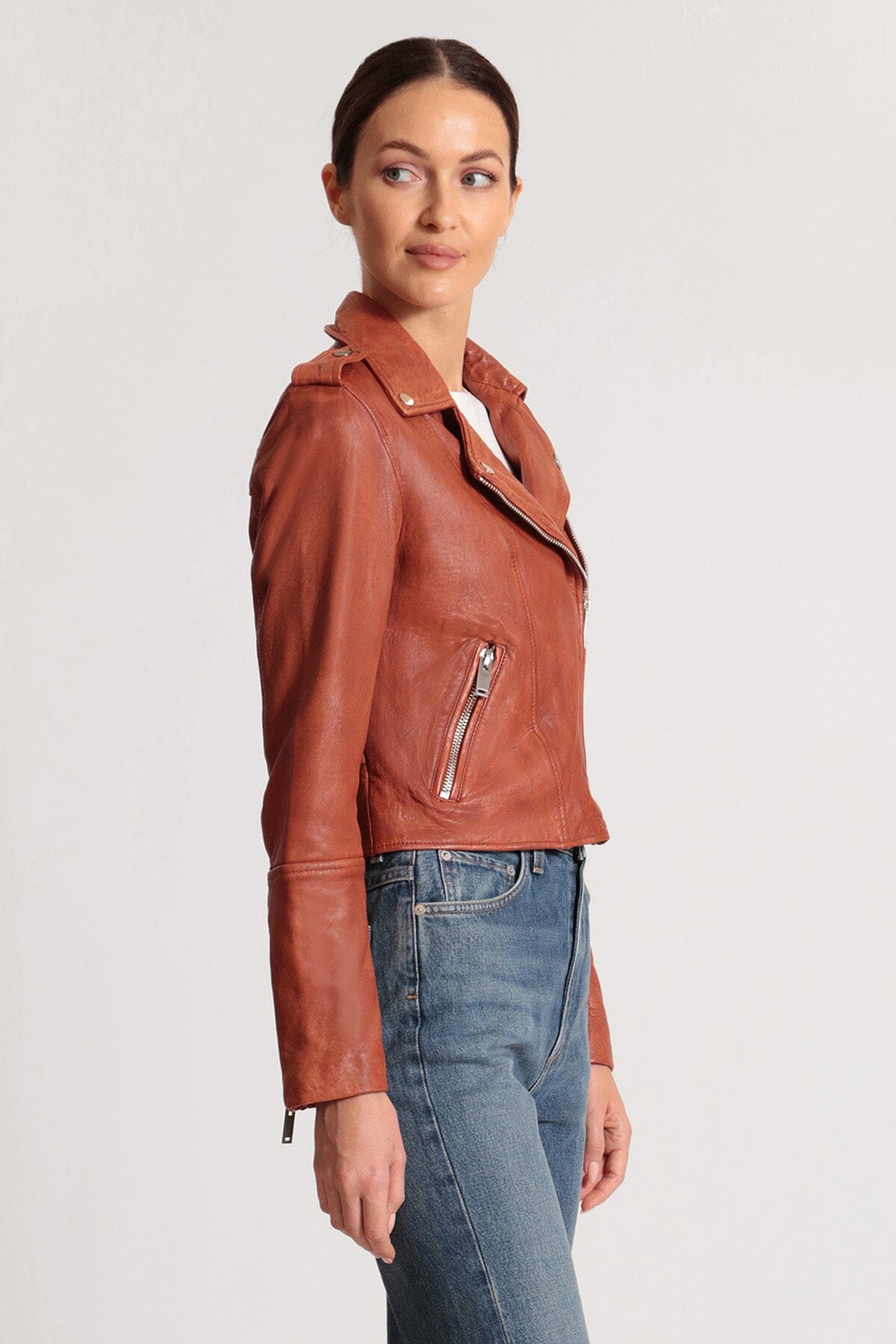 Red genuine leather cropped biker jacket coat - figure flattering casual to dressy jackets coats for women's Fall fashion
