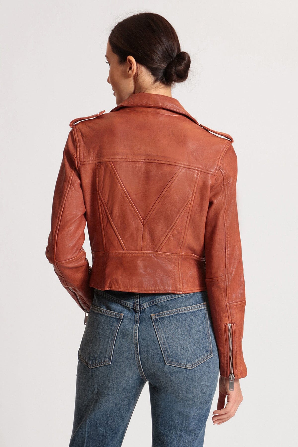 Red genuine leather cropped biker jacket coat - figure flattering Fall fashion jackets coats for ladies by Avec Les Filles