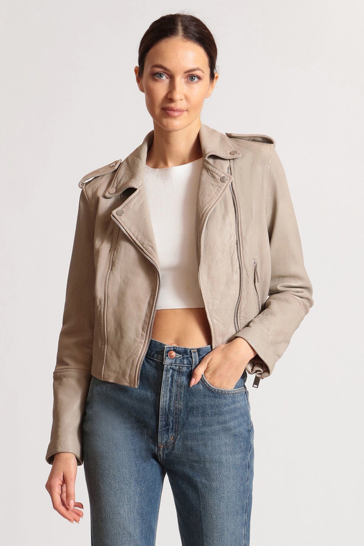 Pear grey genuine leather cropped biker jacket coat outerwear for women by Avec Les Filles