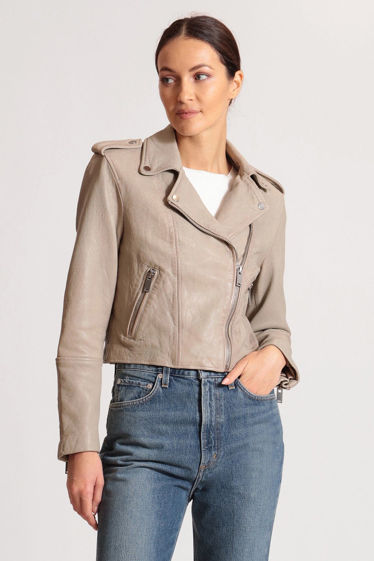 Ladies leather jacket clearance grey