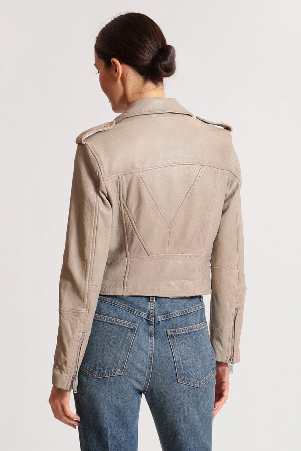 Pear grey genuine leather cropped biker jacket coat - women's figure flattering casual to dressy crop jackets coats for Fall 2023 trends