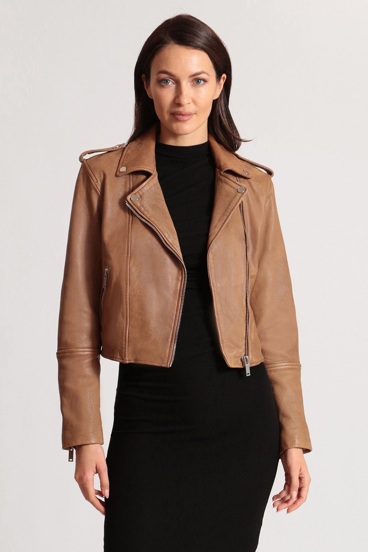 Brown genuine leather cropped biker jacket coat for women's Fall fashion by Avec Les Filles 