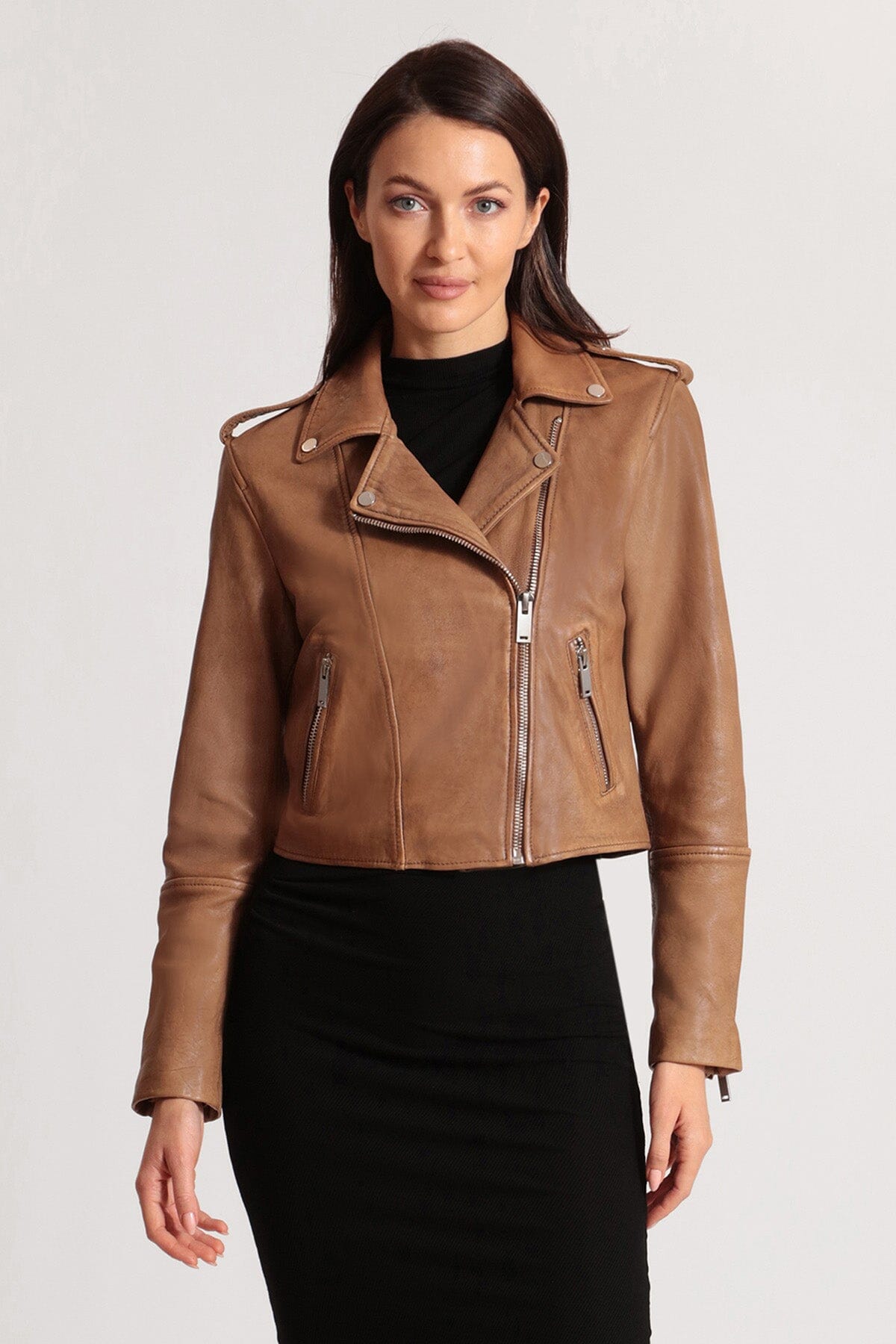 Brown genuine leather cropped biker jacket coat - women's figure flattering day to night jackets outerwear for Fall 2023 trends