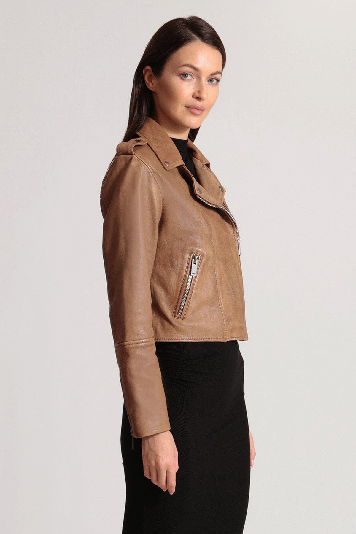 Brown genuine leather cropped biker jacket coat - figure flattering office to date night jackets coats for ladies