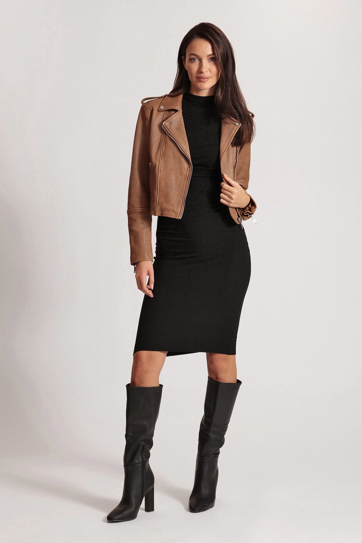 Brown genuine leather cropped biker jacket coat outerwear for ladies by Avec Les Filles