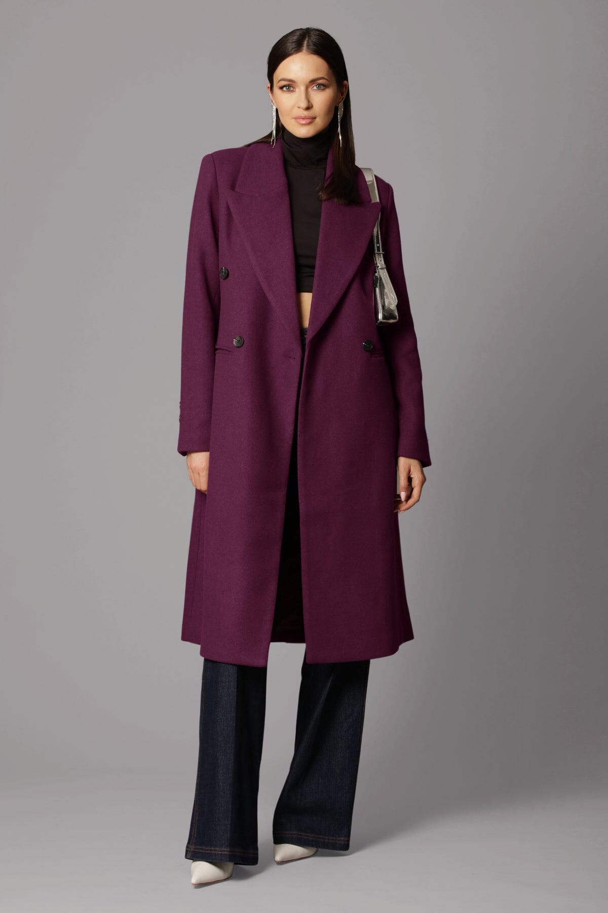 Designer fashion aubergine purple tailored double-breasted long coat by Avec Les Filles Coats & Jackets