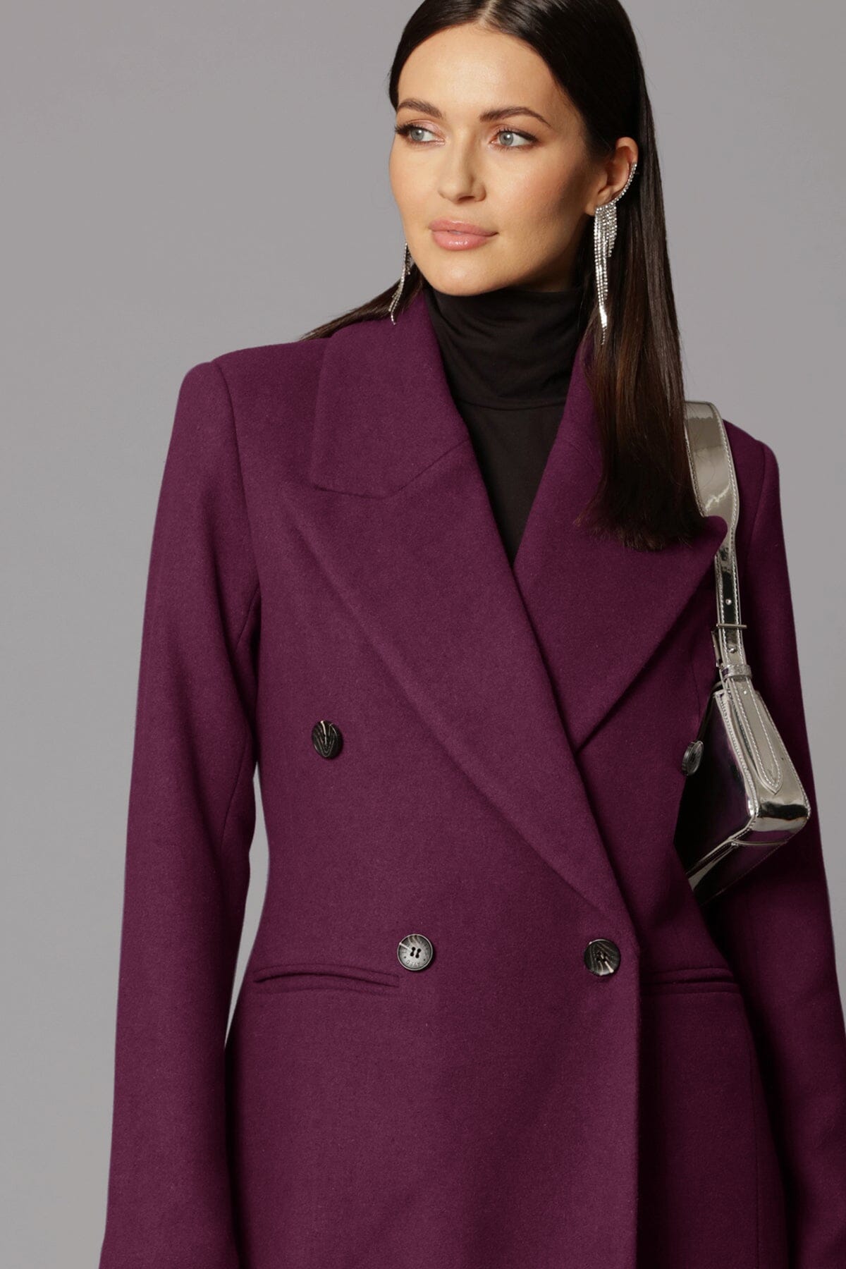 Dressy aubergine purple tailored double-breasted long coat by Avec Les Filles Coats & Jackets