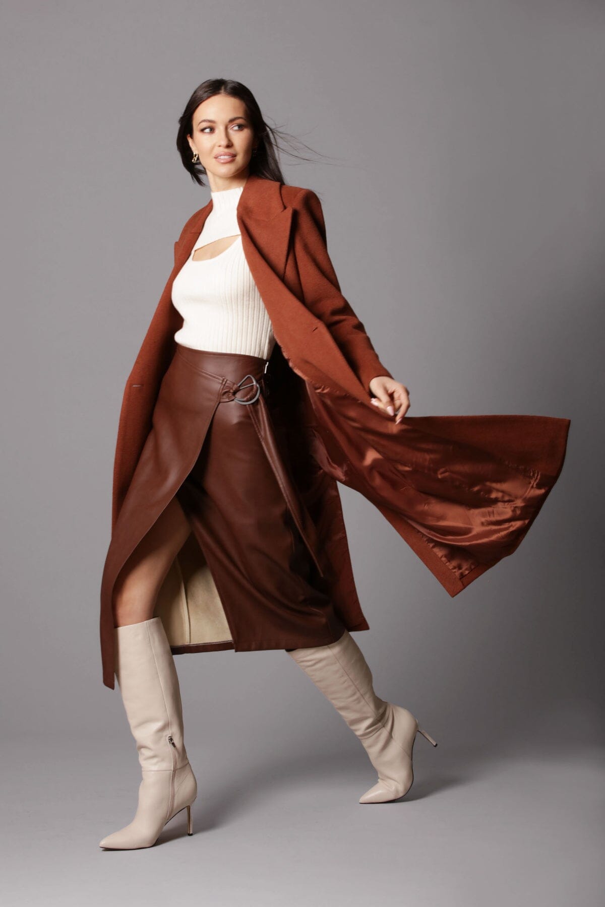 Designer fashion cinnamon brown tailored double-breasted long coat by Avec Les Filles Coats & Jackets