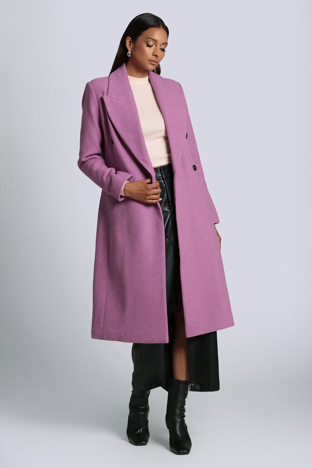 Designer fashion hyacinth pink tailored double-breasted long coat by Avec Les Filles Coats & Jackets