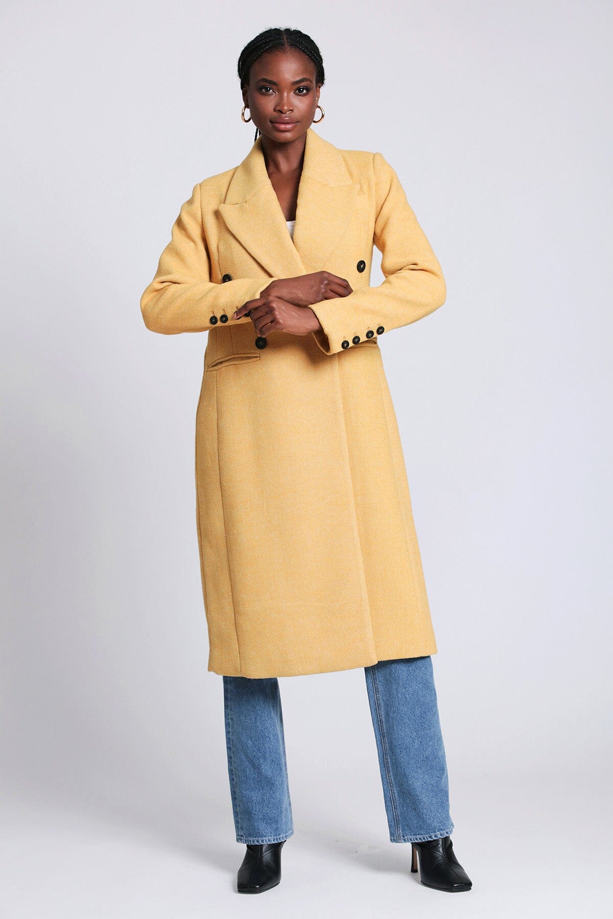 Mustard yellow tailored double-breasted long coat by Avec Les Filles Coats & Jackets