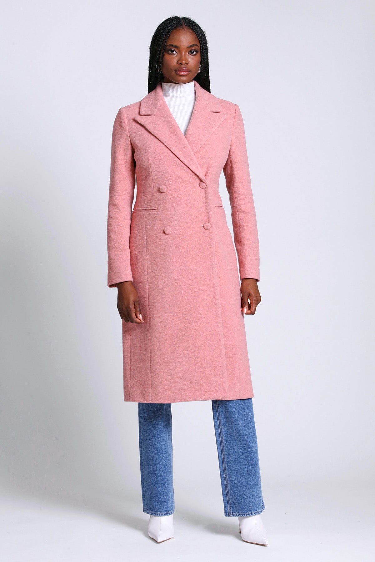 Rose pink tailored double breasted long coat jacket - women's figure flattering casual to dressy coats jackets for fall winter fashion