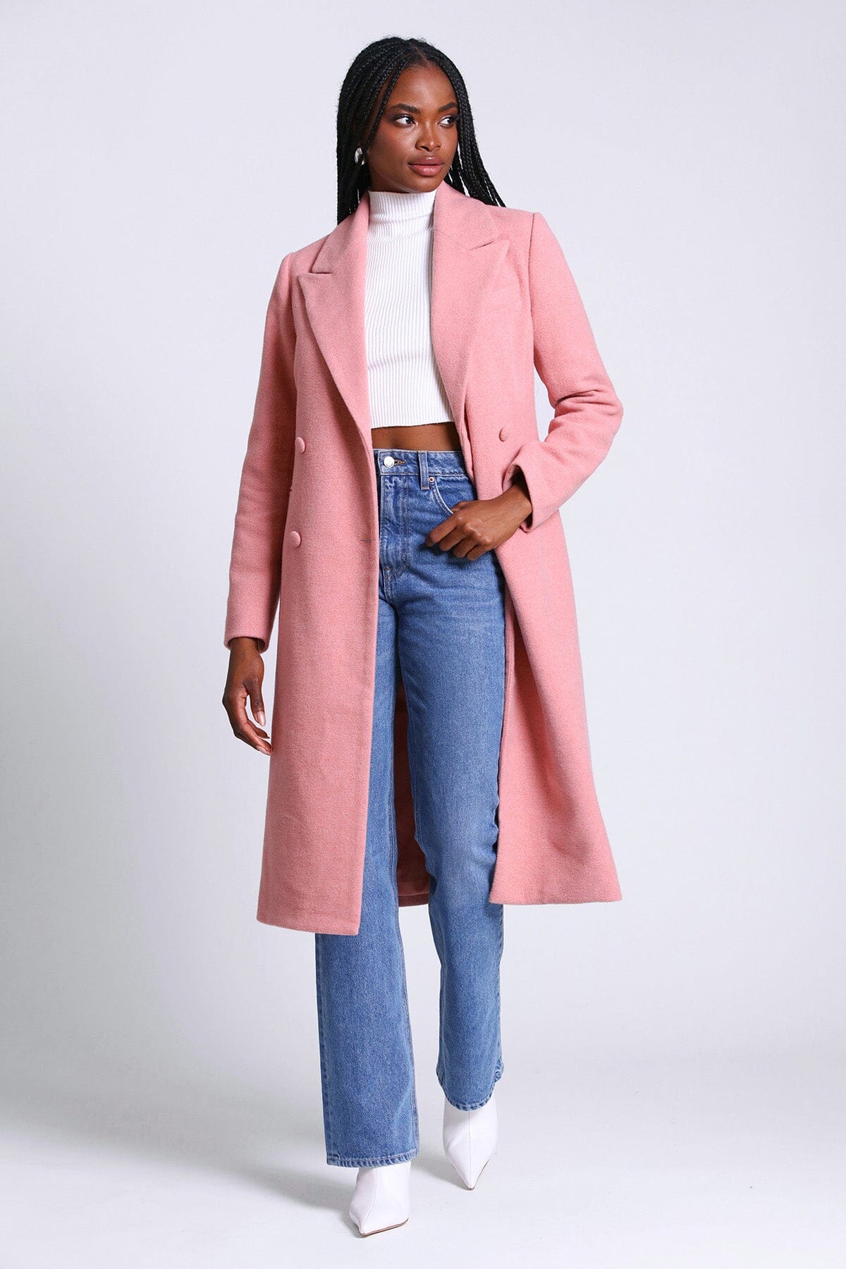 Rose pink tailored double breasted long coat jacket - figure flattering day to night coats outerwear for women