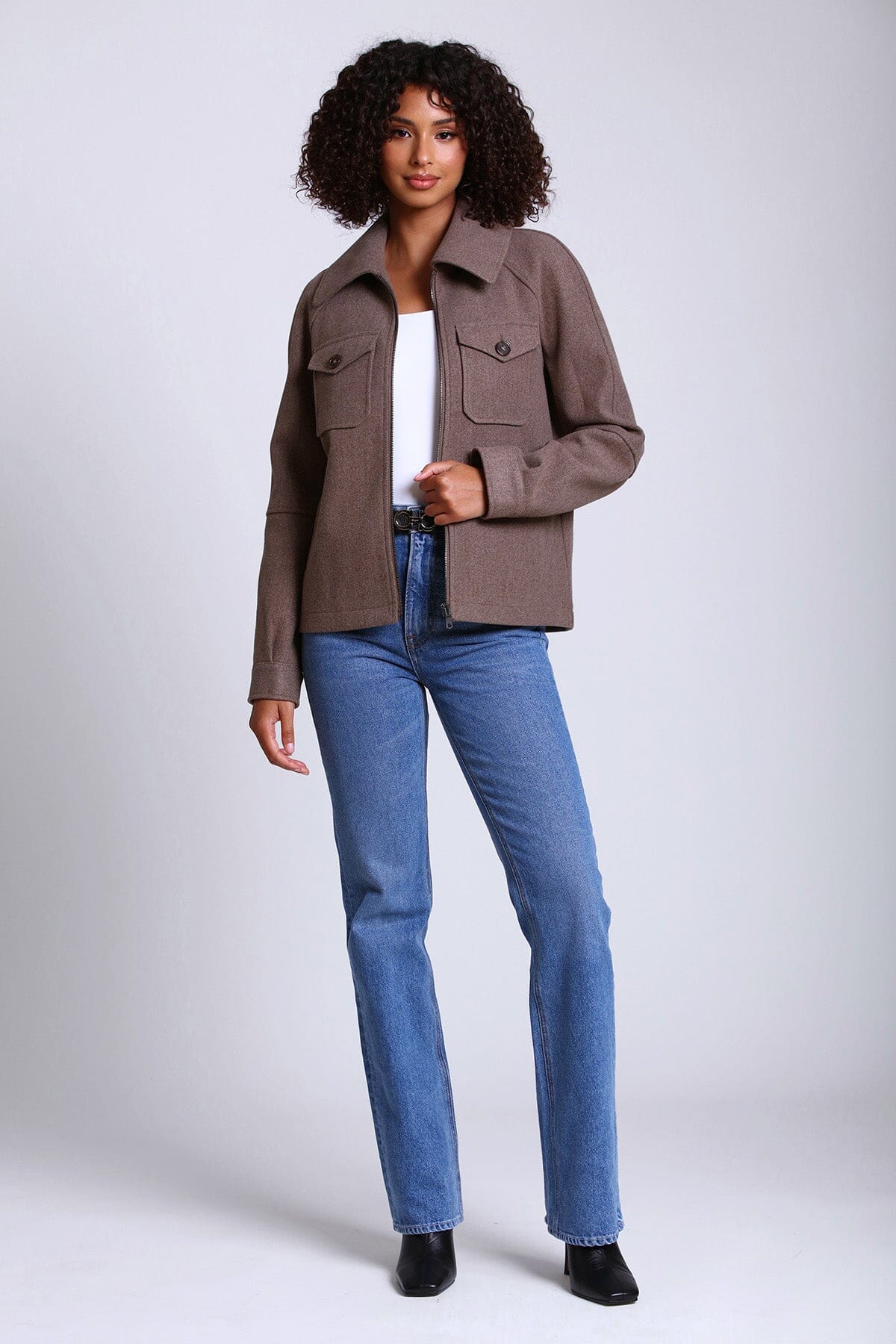 relaxed full zip front jacket shacket mocha brown - figure flattering day to night shackets outerwear for women