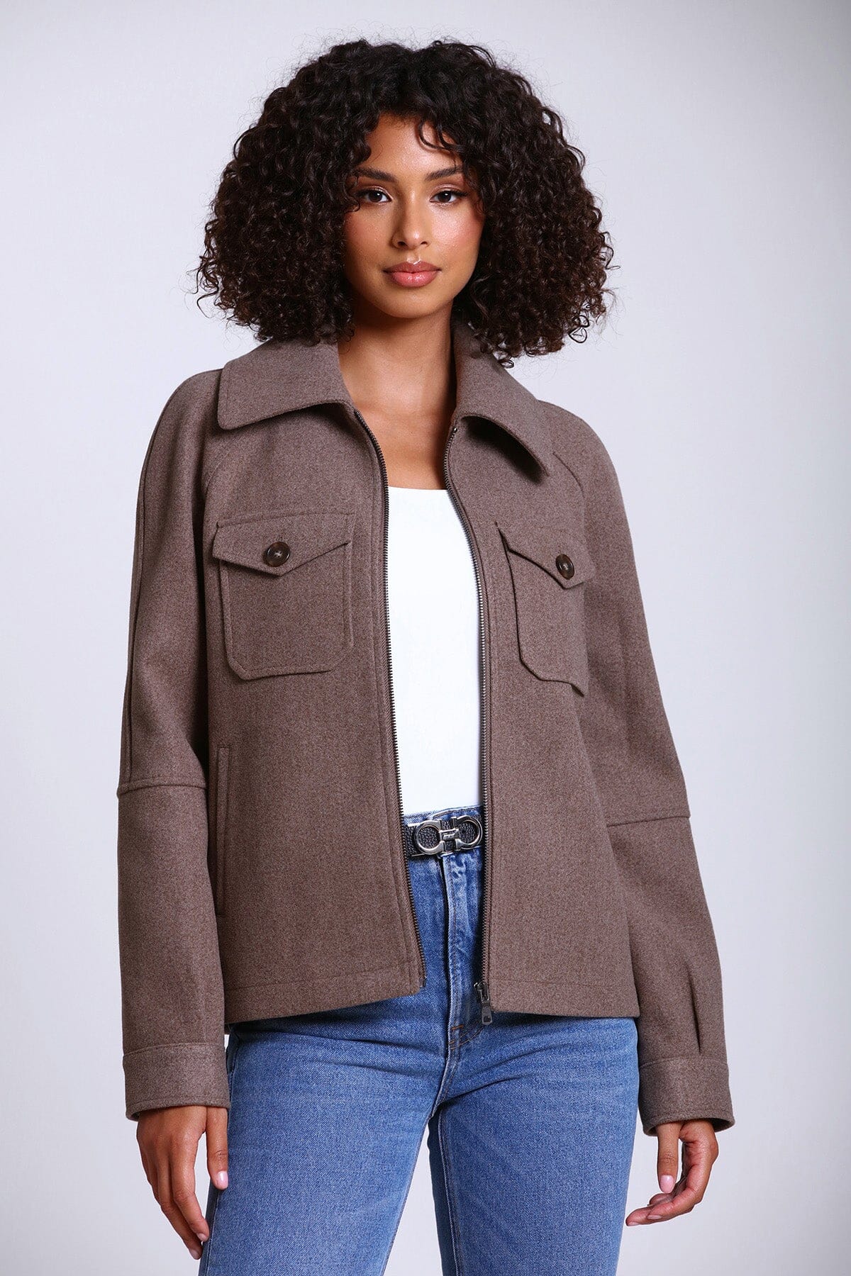 mocha brown relaxed full zip front jacket shacket - figure flattering lightweight coats jackets shackets for women
