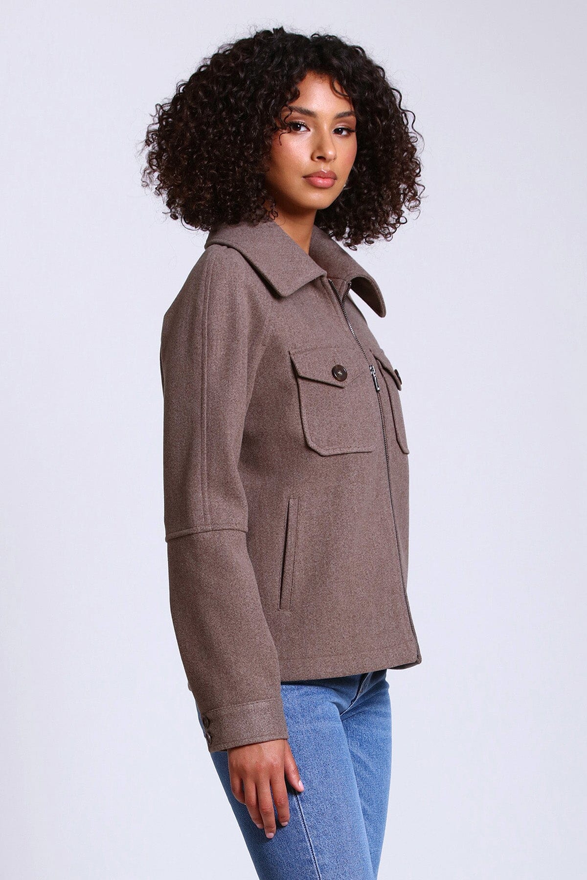 relaxed full zip front jacket shacket mocha brown - women's figure flattering date night coats jackets shackets