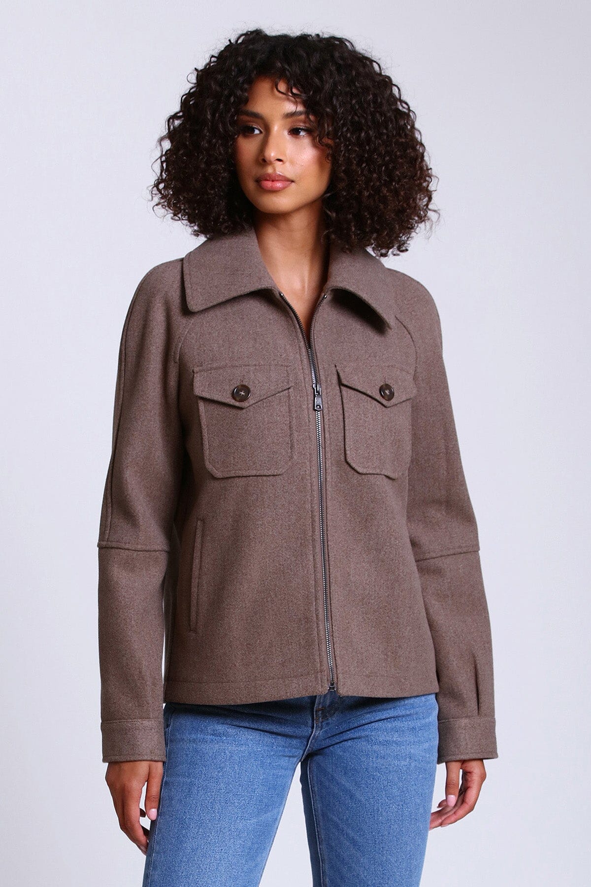 relaxed full zip front jacket shacket mocha brown - women's figure flattering office to date night coats jackets shackets 