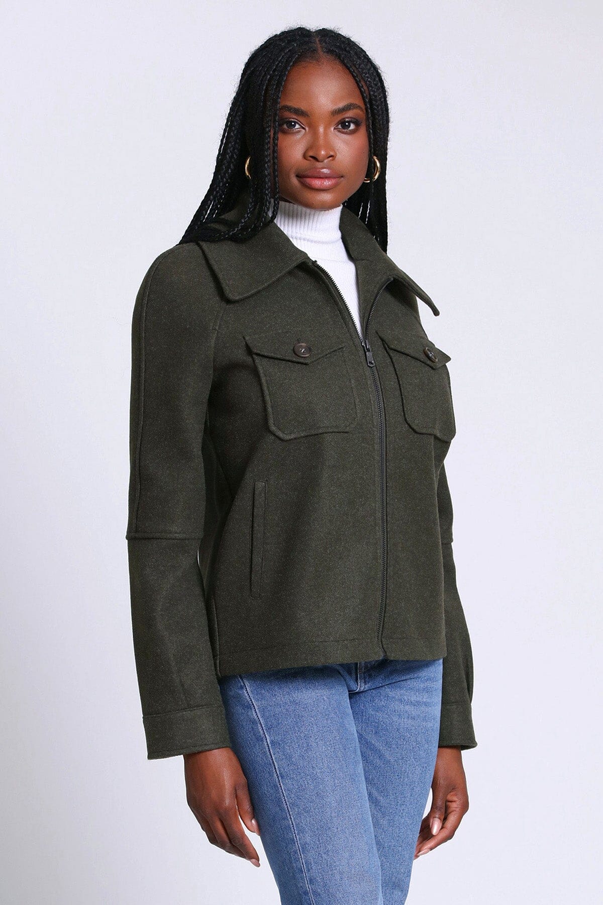 relaxed full zip front jacket shacket olive green - women's figure flattering fall winter coats jackets outerwear 